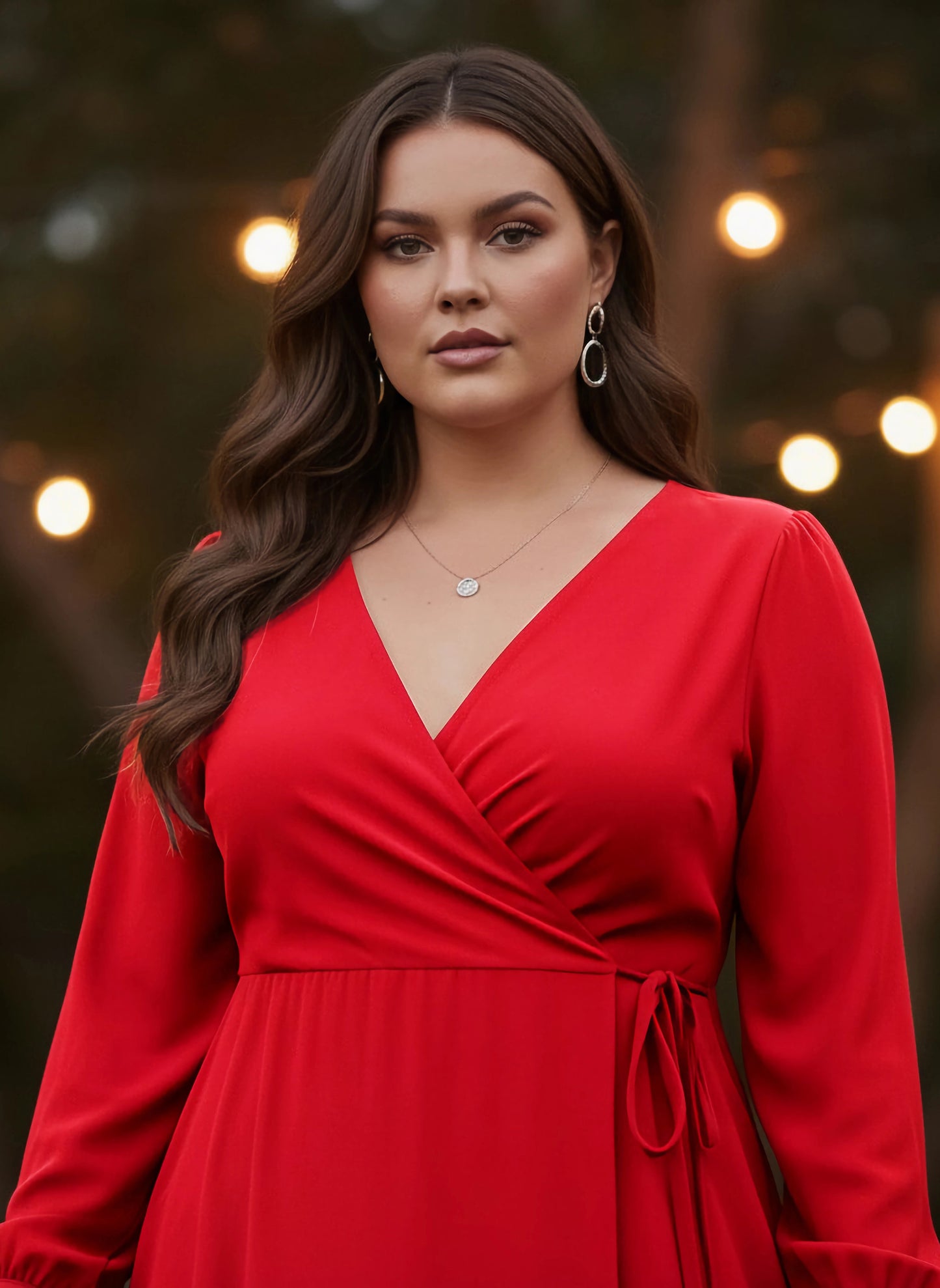 Berrylush Curve Women Solid Red V-Neck Cuff Sleeves Waist Tie-Up Pleated Maxi Dress