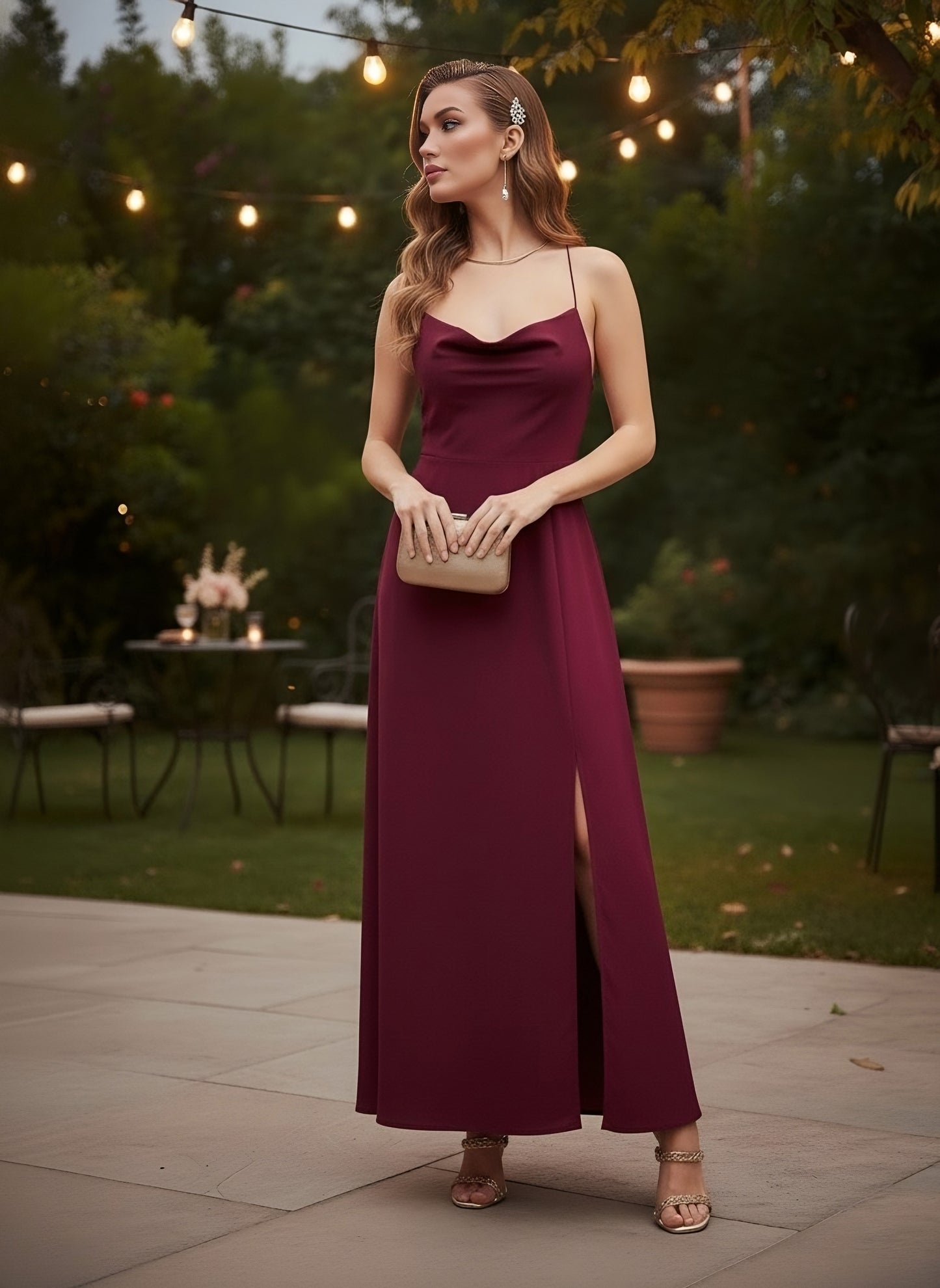 Berrylush Women Solid Maroon Cowl Neck Sleeveless Lace-Up Backless Thigh-High Slit Flared Maxi Dress