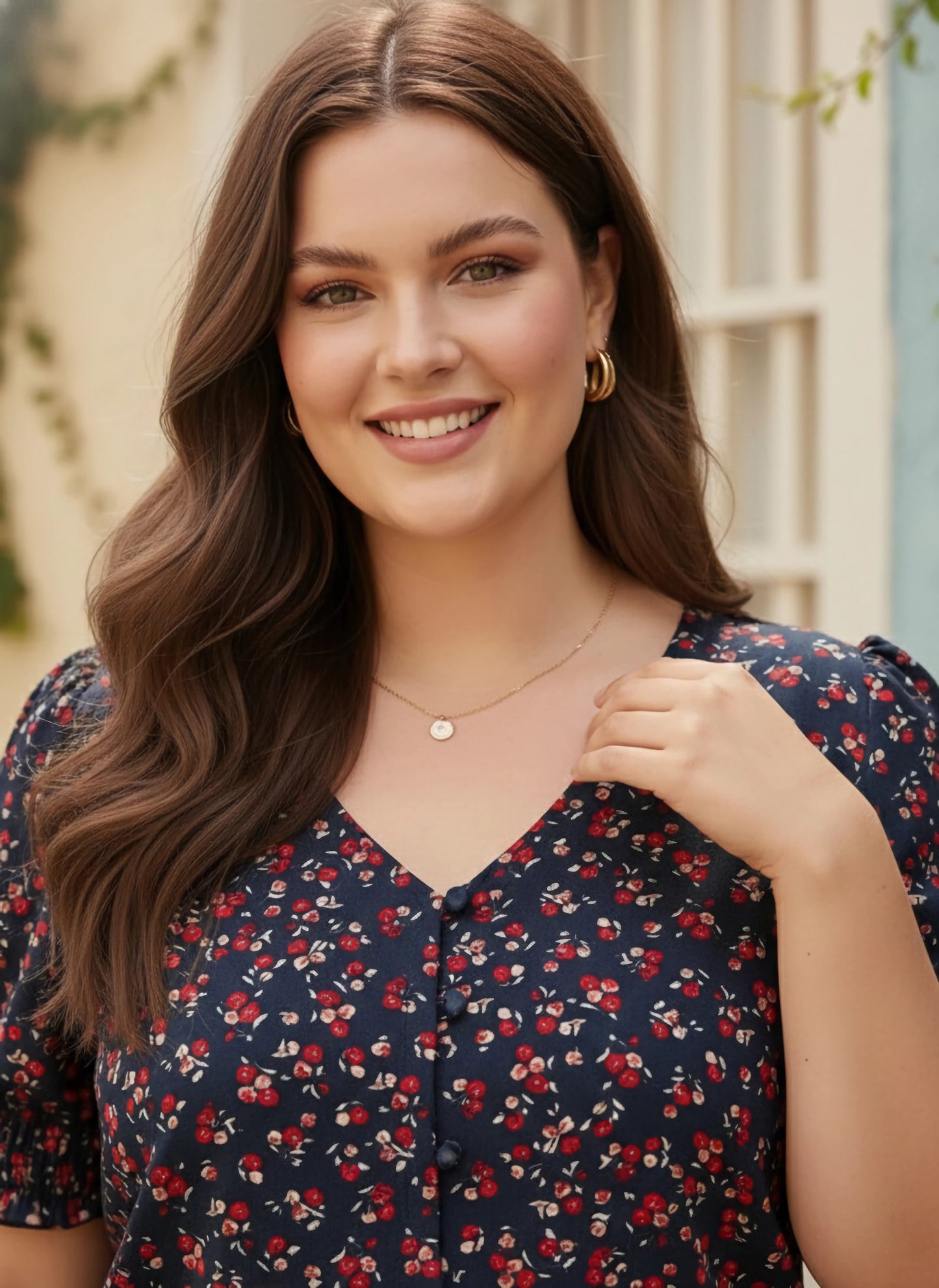 Plus Size Navy Blue & Red Floral Printed V-Neck Puff Sleeves Button-Up Crepe Smocked Regular Top