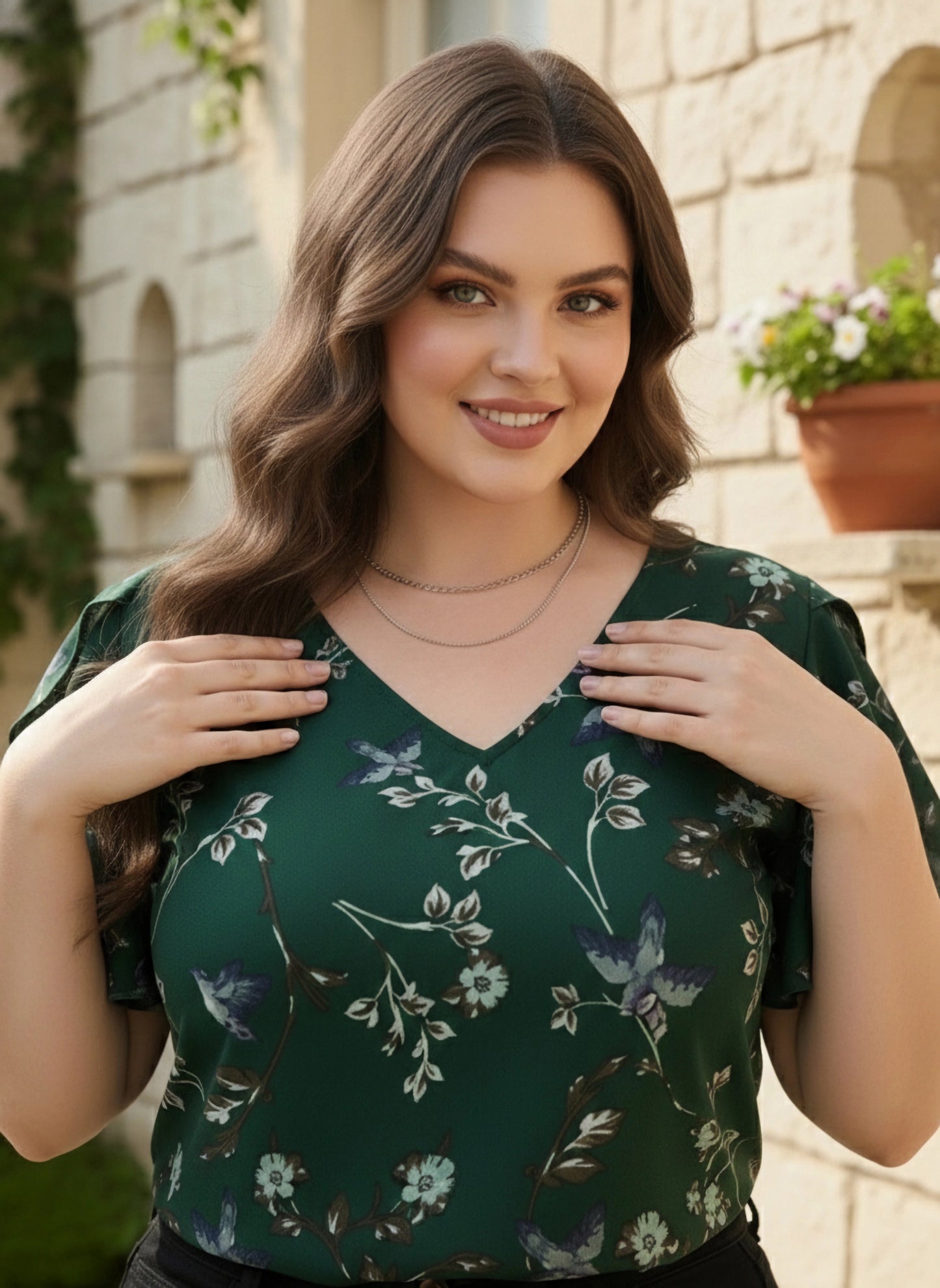 Plus Size Green & White Floral Printed V-Neck Flutter Sleeve Crepe Ruffled Regular Top