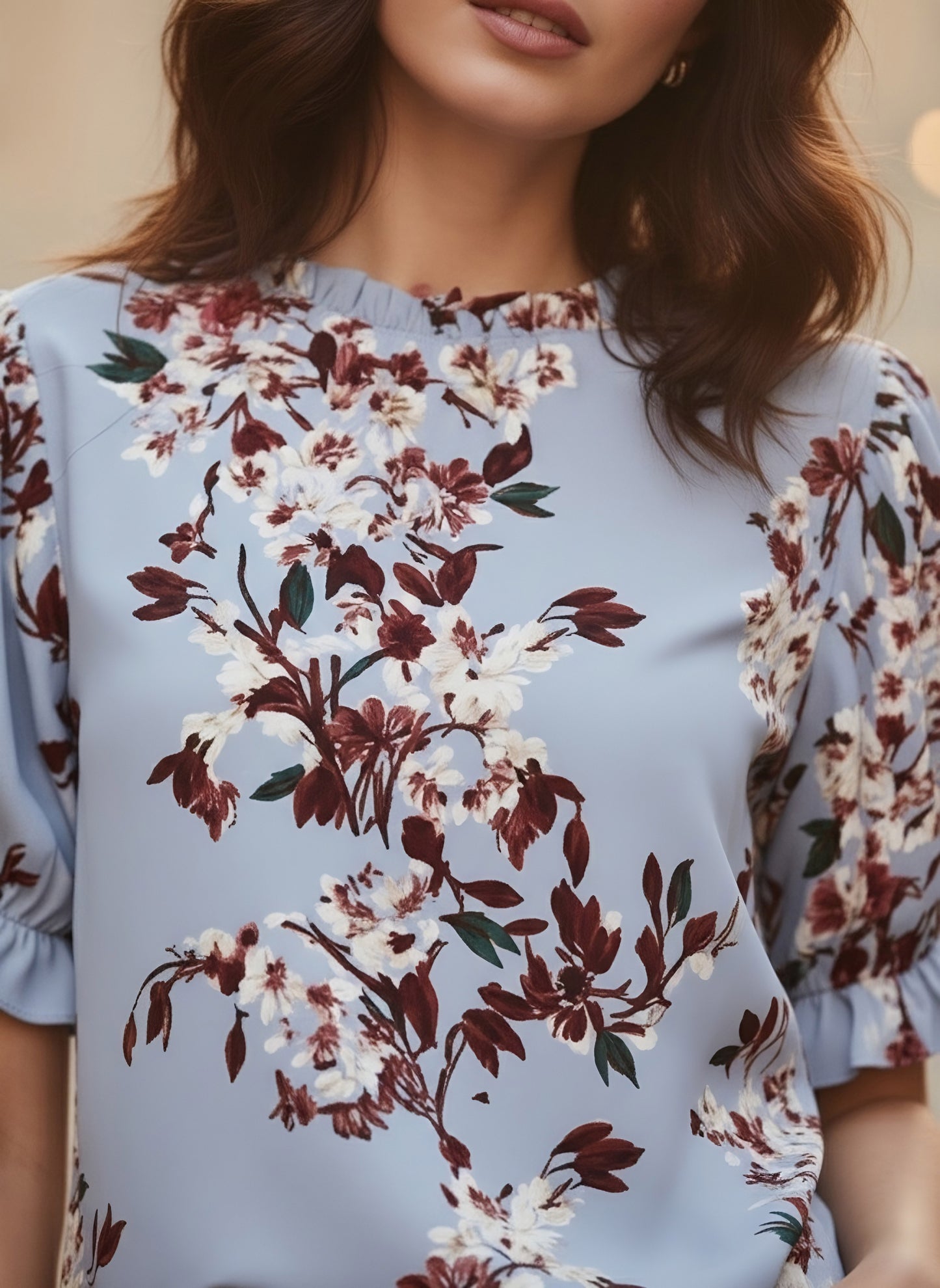 Berrylush Women Blue Floral Printed Round High Neck Top