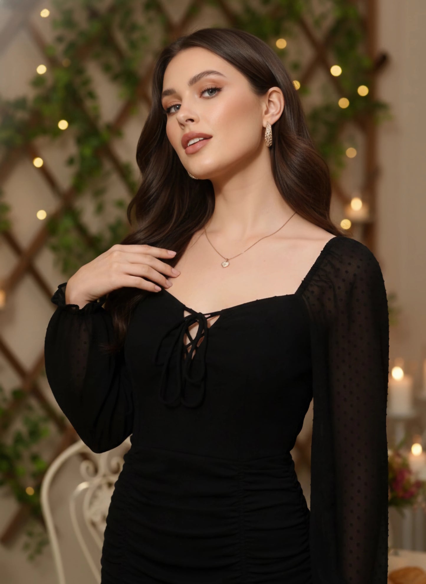 Berrylush Women Solid Black Dobby Weave Square Neck Front Tie-Up Flounce Hem Ruched Bodycon Mini Dress