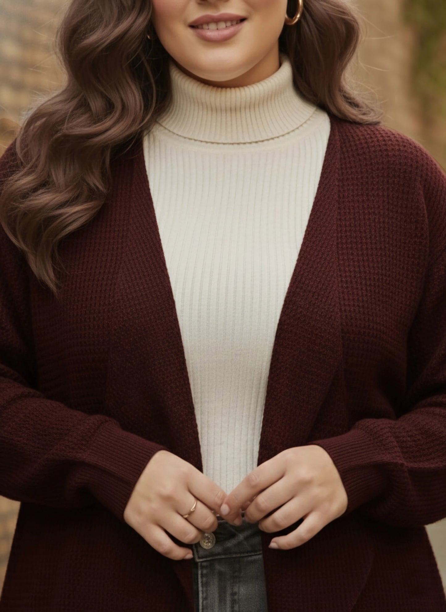 Berrylush Curve Women Solid Maroon Open-Front Acrylic Straight Hem Knitted Longline Cardigan