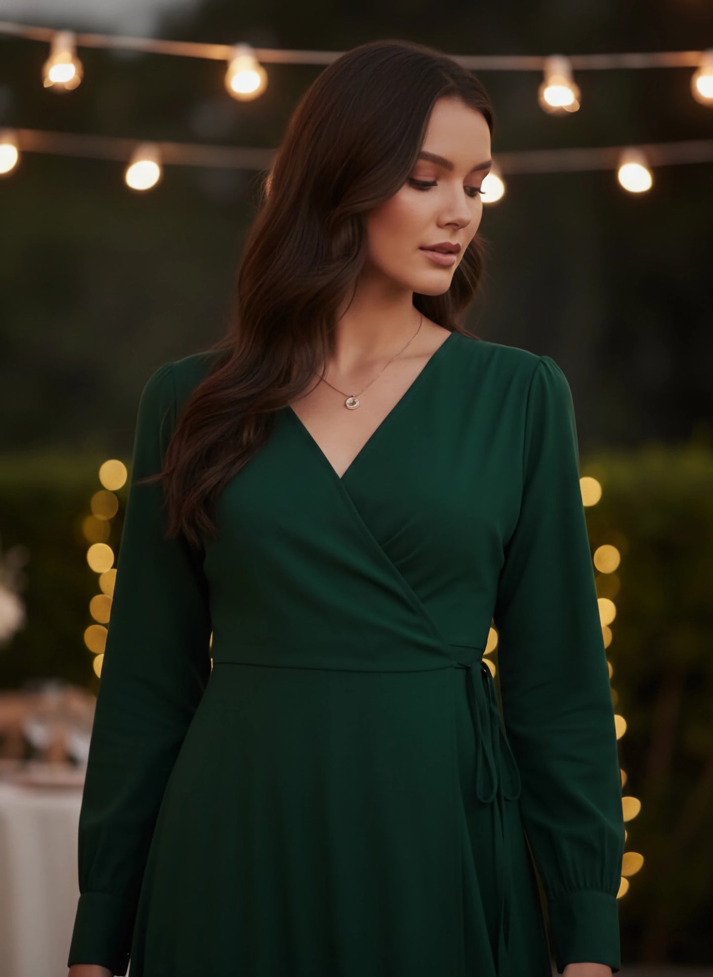 Berrylush Women Solid Dark Green V-Neck Tie-Up Wrap Maxi Dress