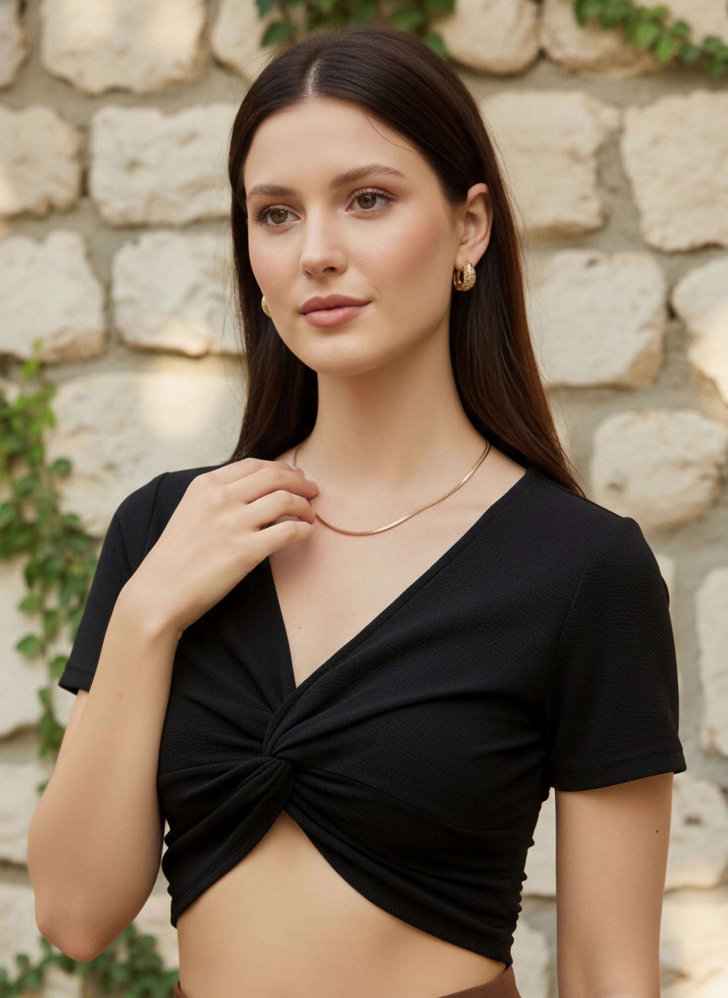 Solid Black V-Neck Short Sleeves Twisted Front High-Low Hem Knitted Crop Top