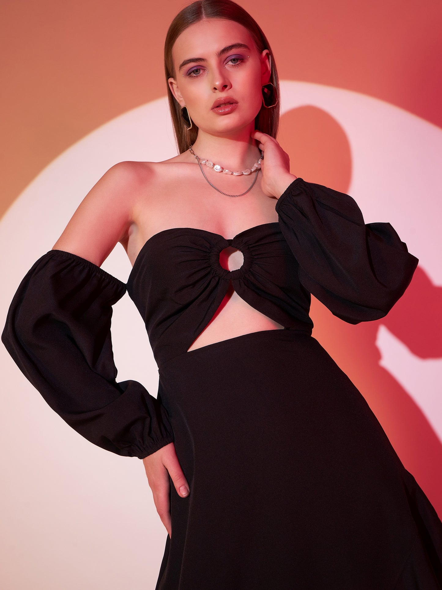 Berrylush Women Solid Black Off-Shoulder Neck Puff Sleeves Cut-Out Asymmetrical Hem A-Line Midi Dress