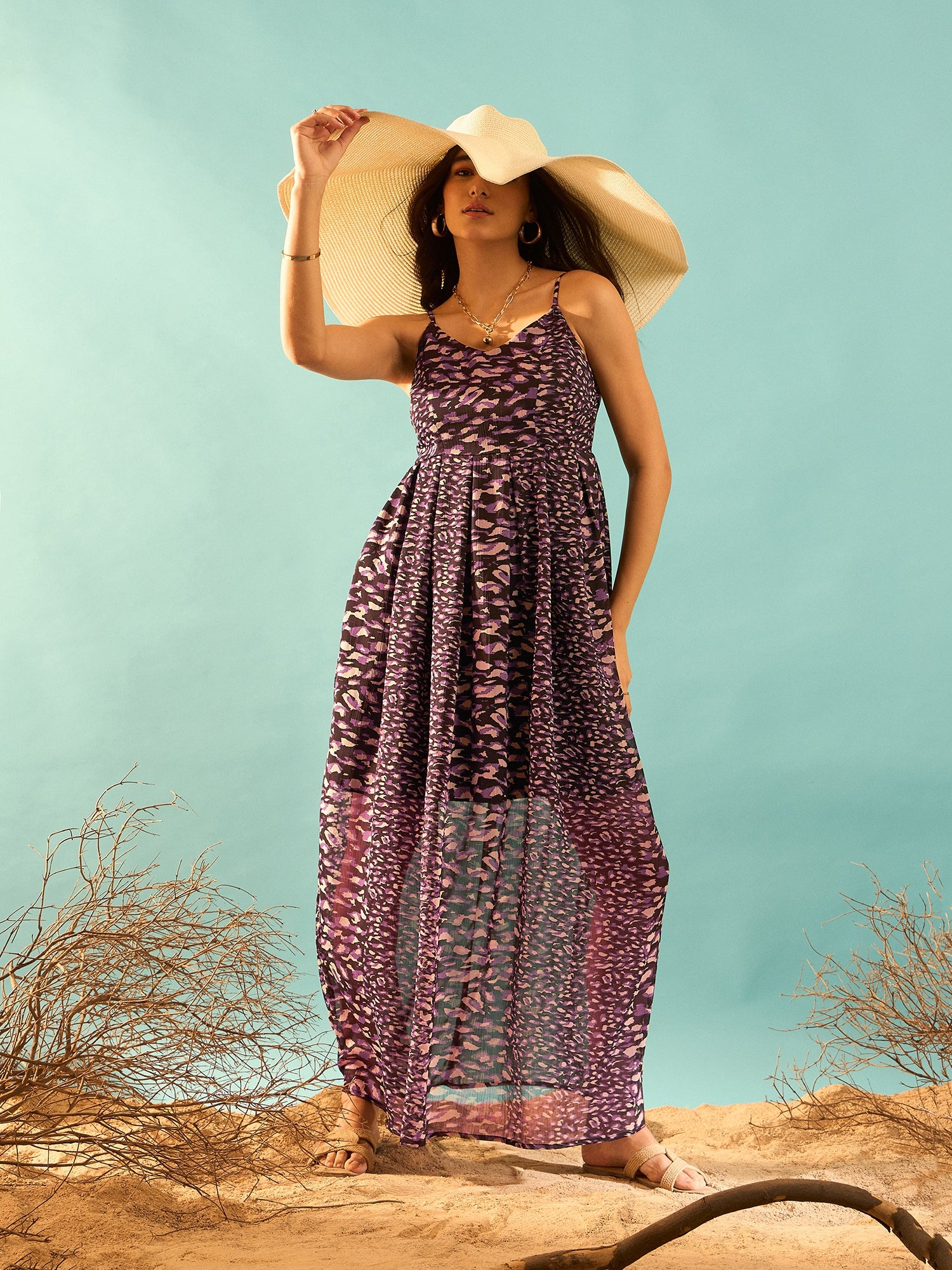 Berrylush Women Animal Print Shoulder Straps Maxi Dress