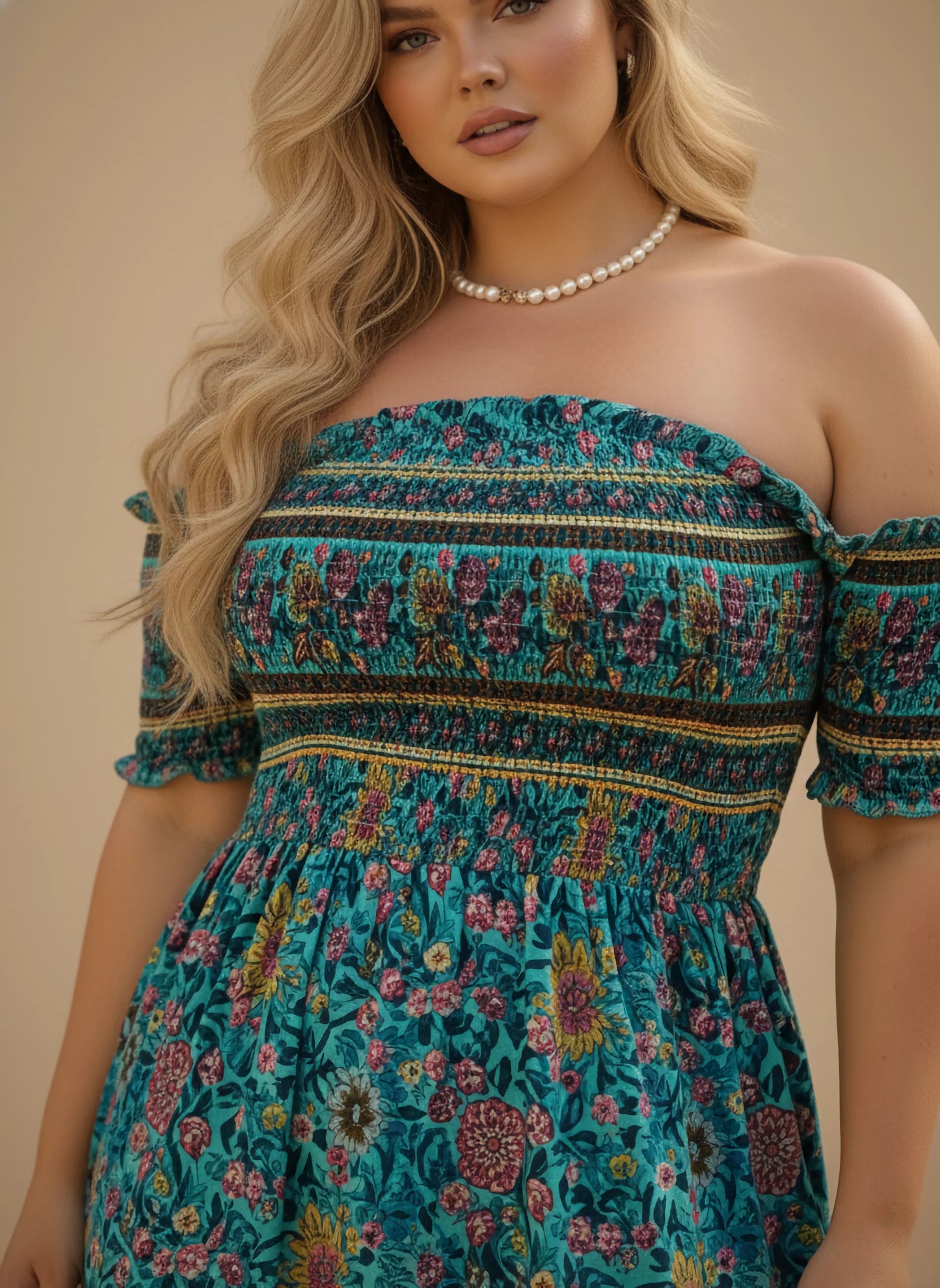 Berrylush Curve Women Blue & Multicolour Floral Printed Off-Shoulder Neck Frill Sleeves Thigh-High Slit Smocked A-Line Maxi Dress