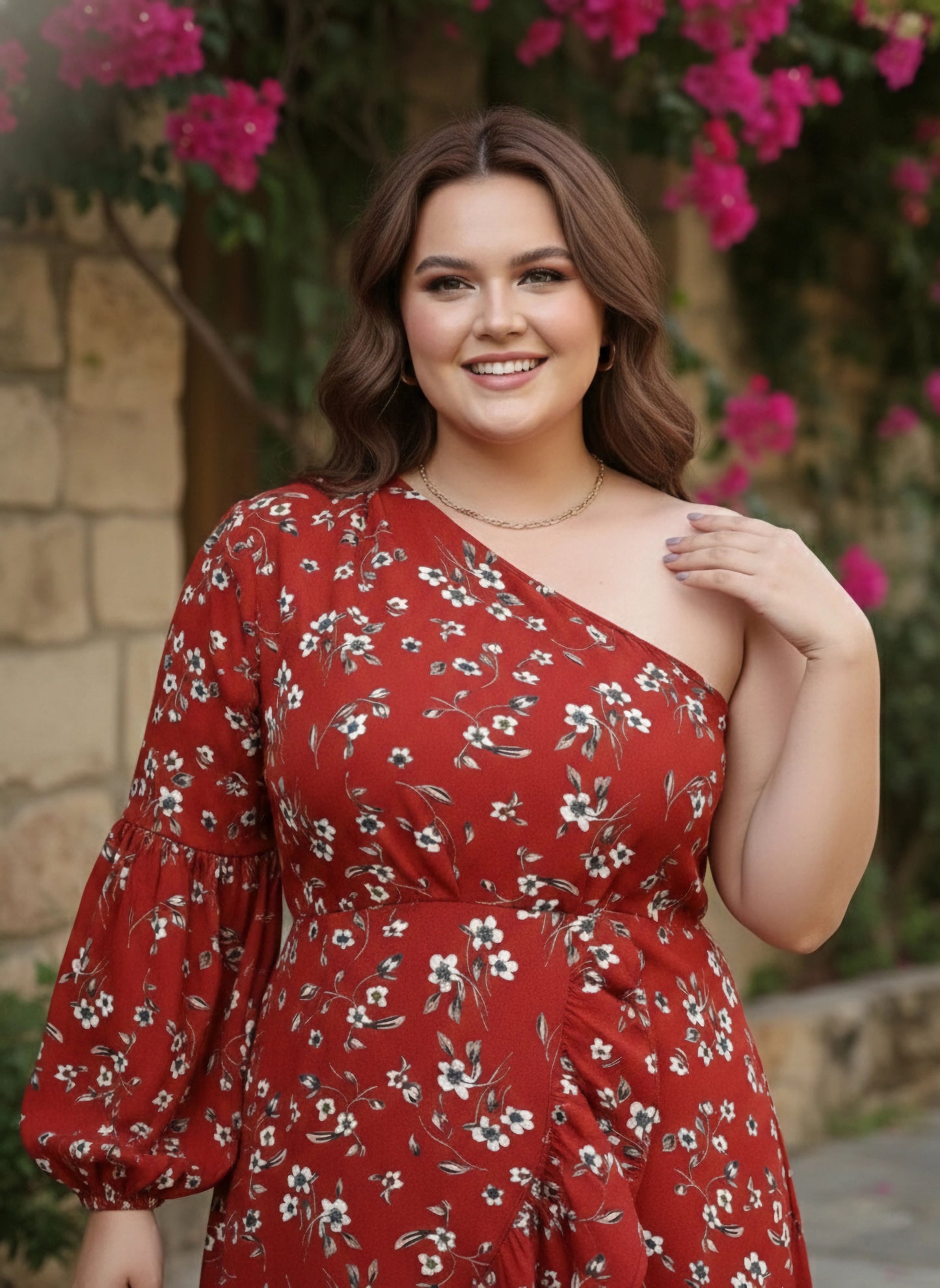 Berrylush Women Plus Size Red Floral Printed One-Shoulder Neck Tulip Hem Pleated A-Line Mini Dress