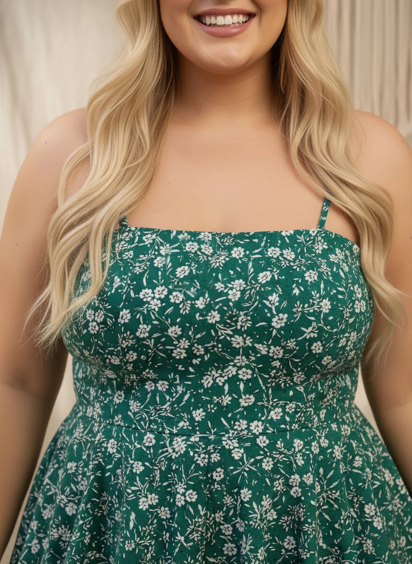 Berrylush Curve Women Green & White Floral Printed V-Neck Sleeveless Back Tie-Up Cutout Layered Mini Jumpsuit