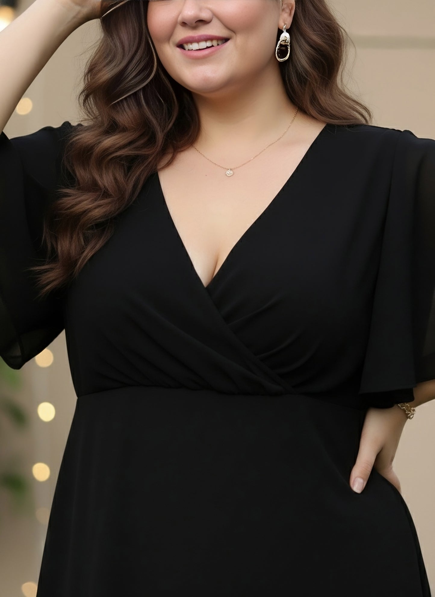 Berrylush Women Plus Size Solid Black V-Neck Flutter Sleeves Georgette Zipper-Up Flared Wrap Mini Dress