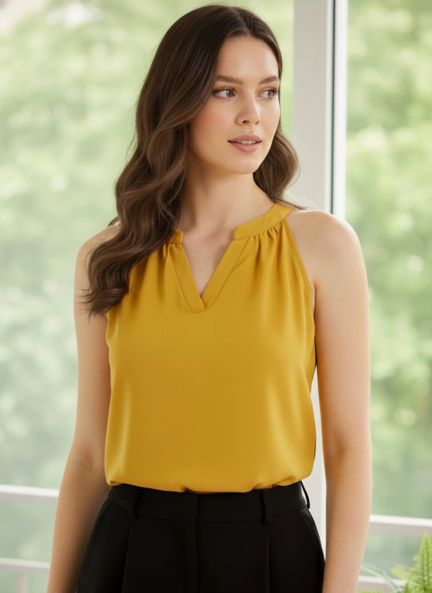 Berrylush BIZwear Women Solid Yellow Notched Neck Sleeveless Polyester Regular Top