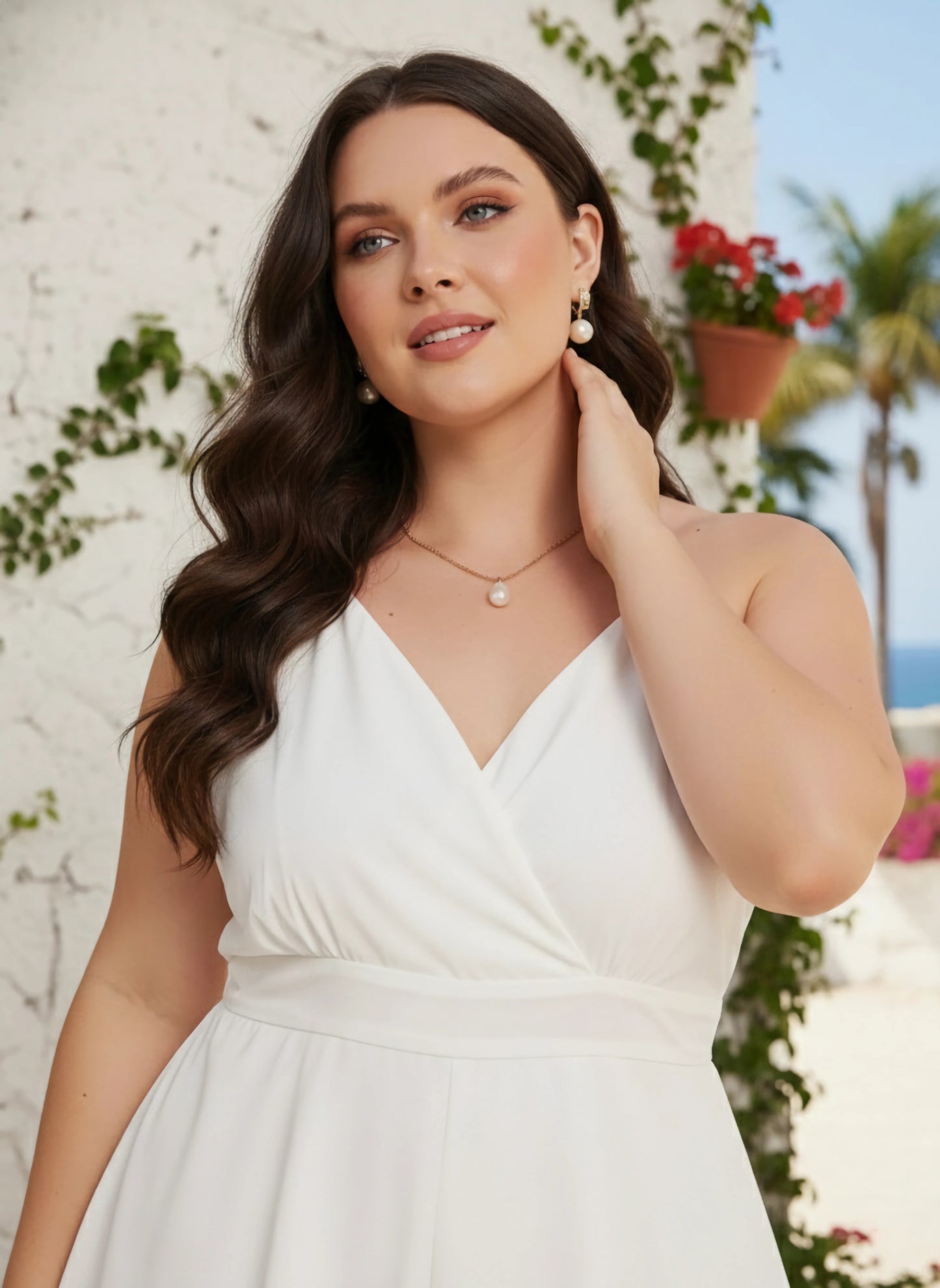 Berrylush Women Plus Size Solid White Dobby Weave Sweetheart Neck Tie-Up Waist Layered Mini Jumpsuit