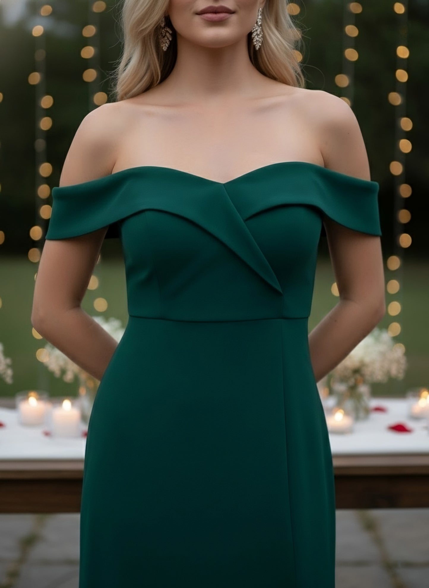 Berrylush Women Solid Green Off-Shoulder Neck Crepe Thigh-High Slit Flared A-Line Maxi Dress