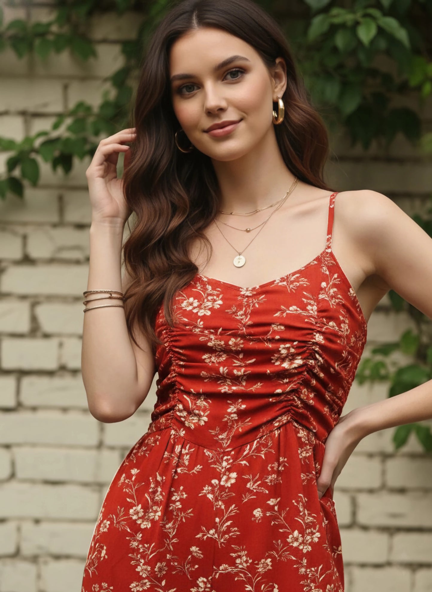 Berrylush Women Red & Off-White Floral Printed Round Neck Sleeveless Gathered Jumpsuit