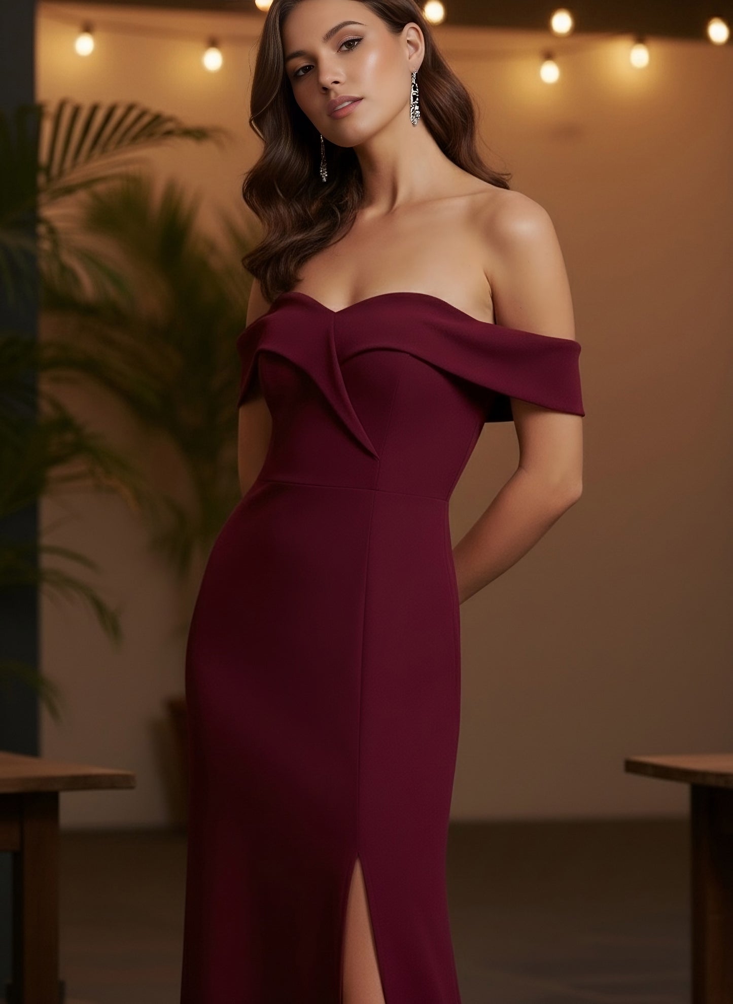 Berrylush Women Solid Maroon Off-Shoulder Neck Sleeveless Flap Front Thigh-High Slit Flared A-Line Maxi Dress