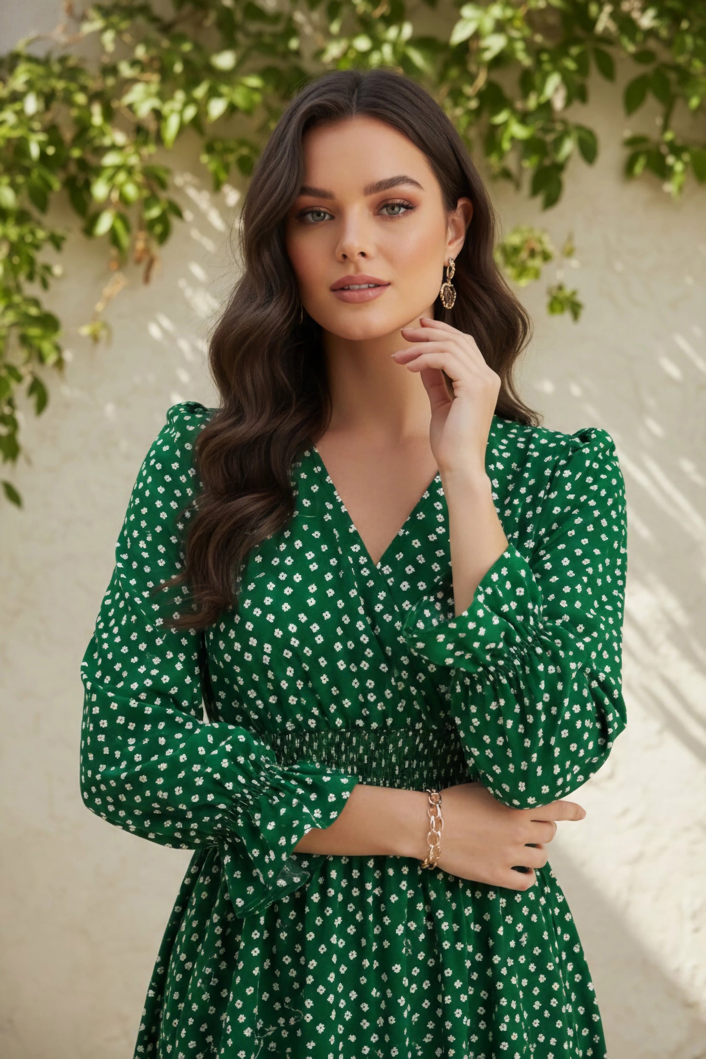 Berrylush Women Green & White Floral Printed V-Neck Bishop Sleeves Flounce Hem Ruffled A-Line Maxi Dress