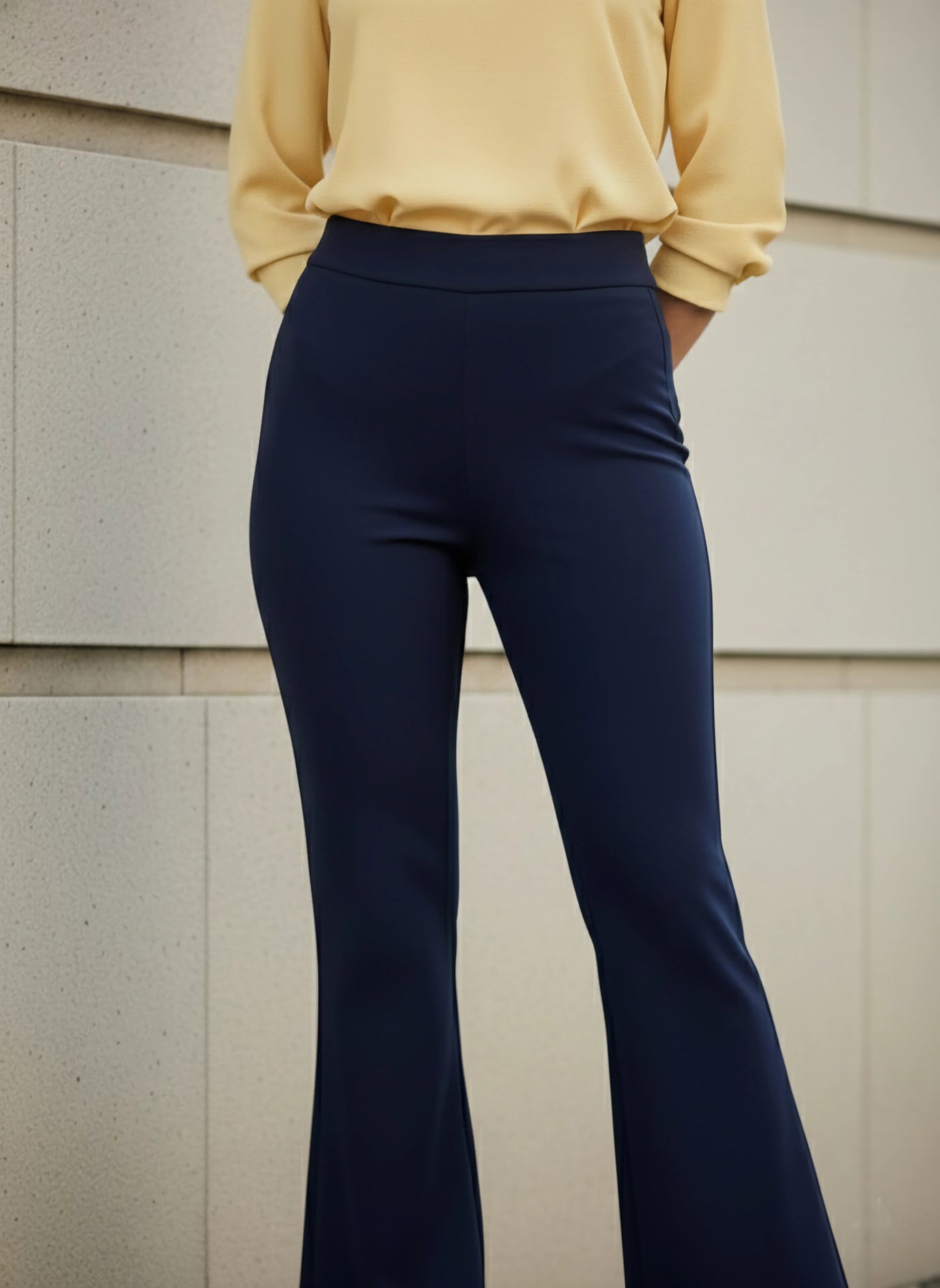 Berrylush BIZwear Women Solid Navy Blue High-Rise Waist Polyester Slip-On Flared Regular Trousers
