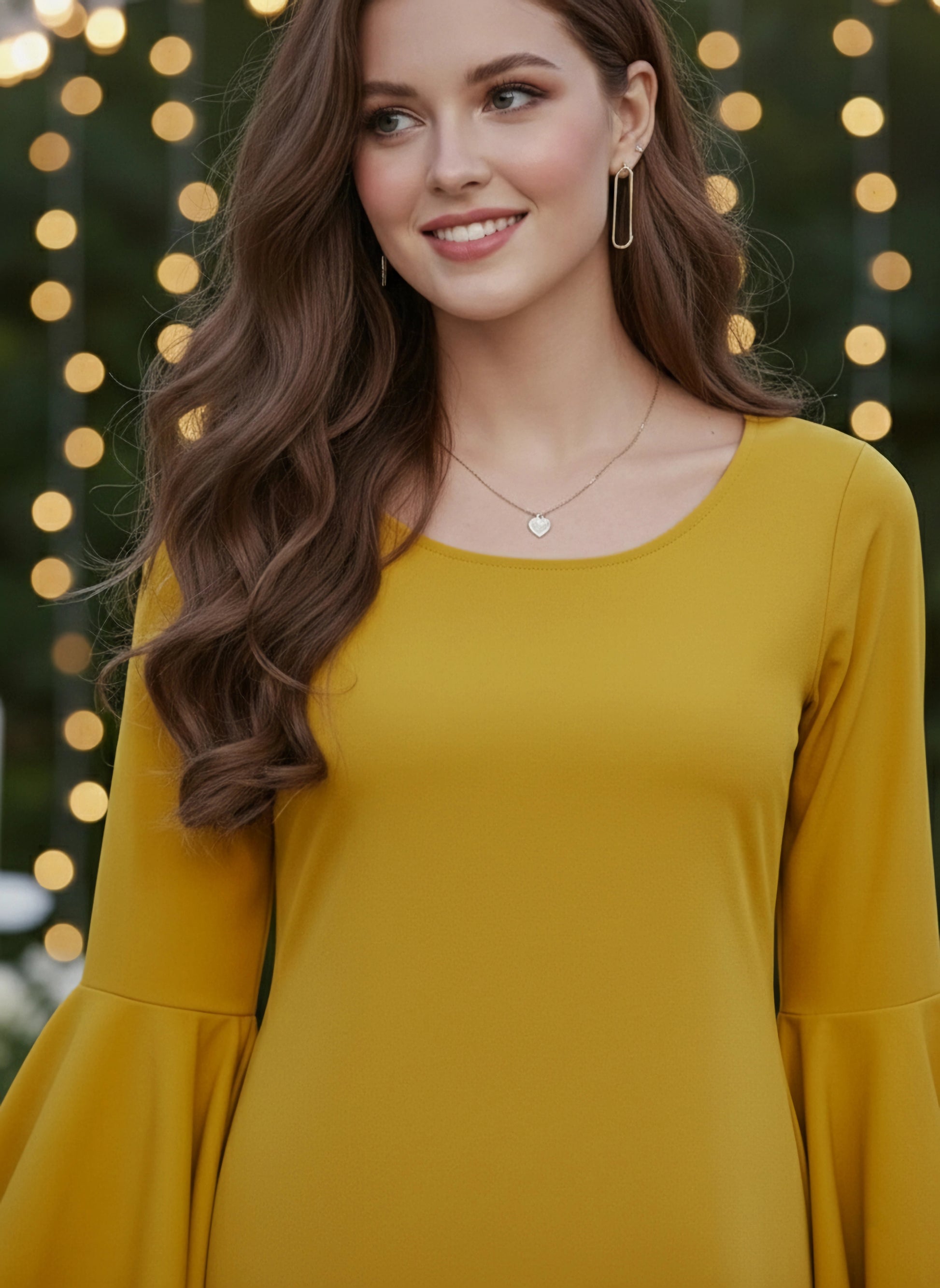 Berrylush Women Solid Yellow Round Neck Bell Sleeve A-Line Mini Dress