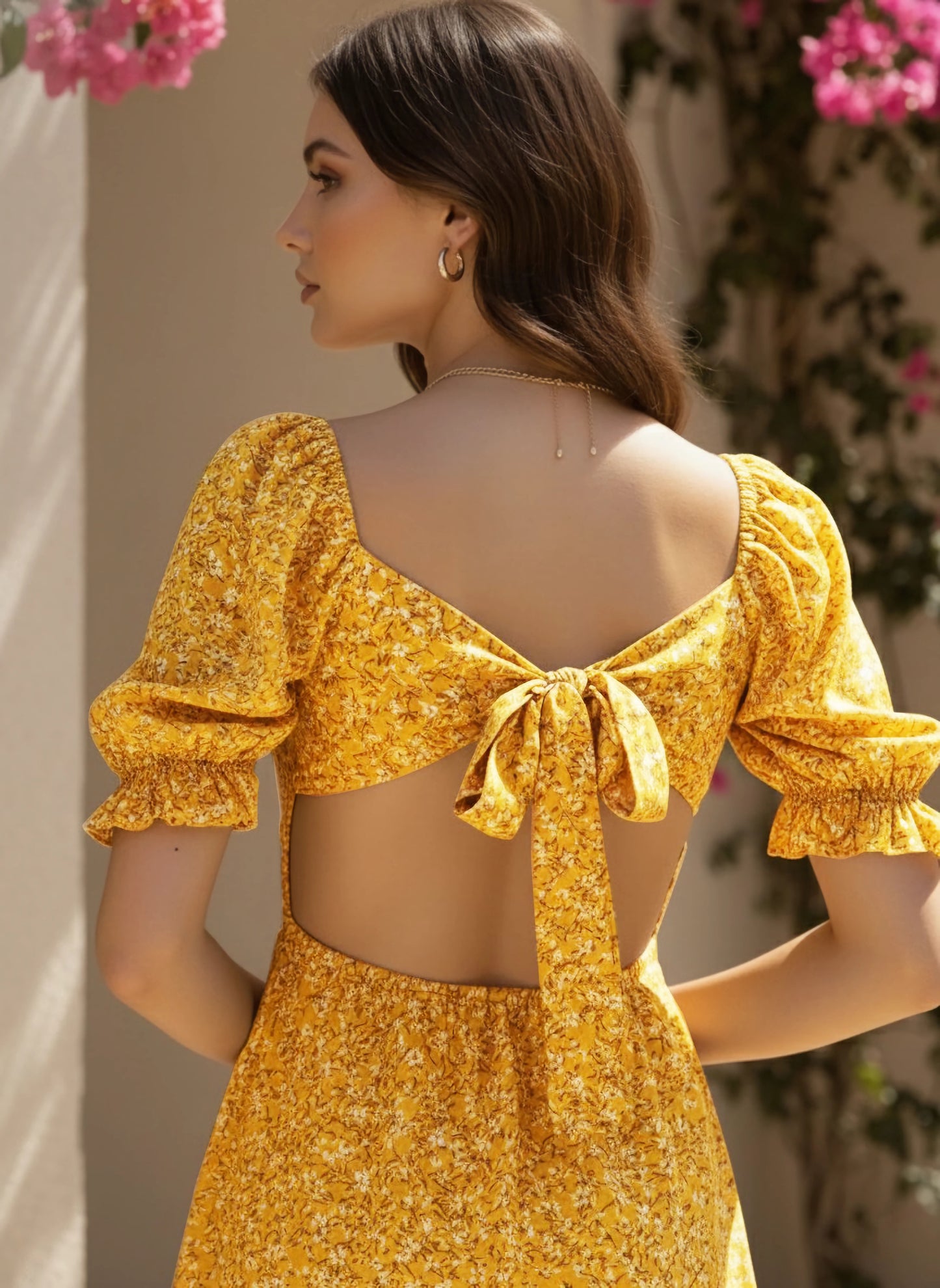 Berrylush Women Yellow Floral Printed Square Neck Back Cutout Tie-Up Flounce Hem Smocked A-Line Mini Dress