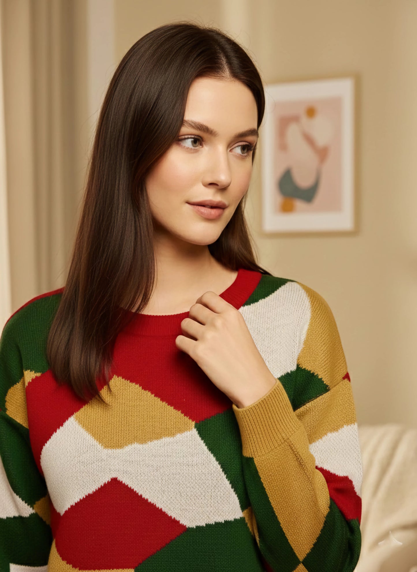 Berrylush Women Multicolour Geometrical Printed Round Neck Drop-Shoulder Sleeves Acrylic Ribbed Hem Regular Pullover