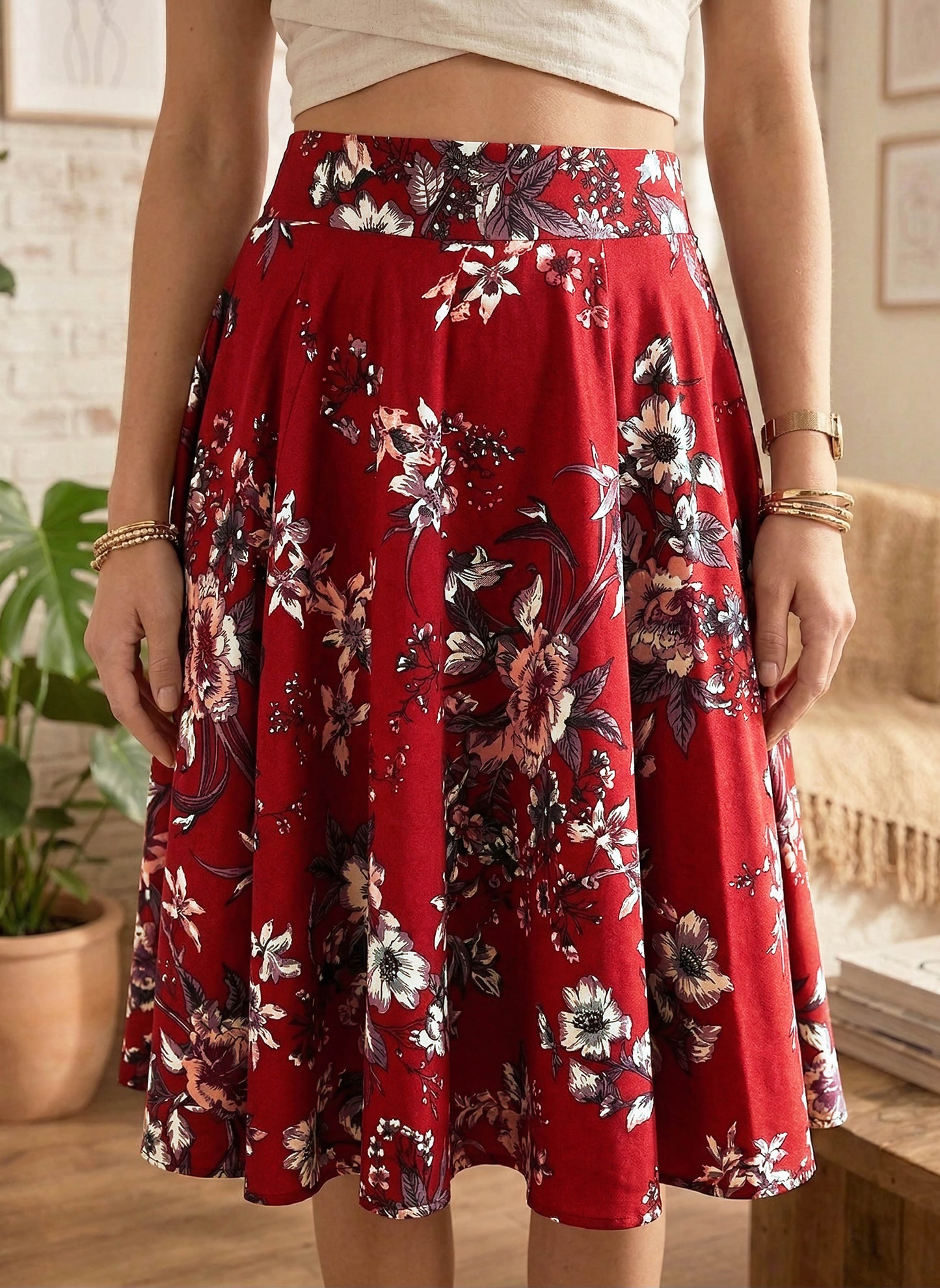 Berrylush Women Maroon & White Floral Printed Crepe High-Rise Waist Flared A-Line Midi Skirt