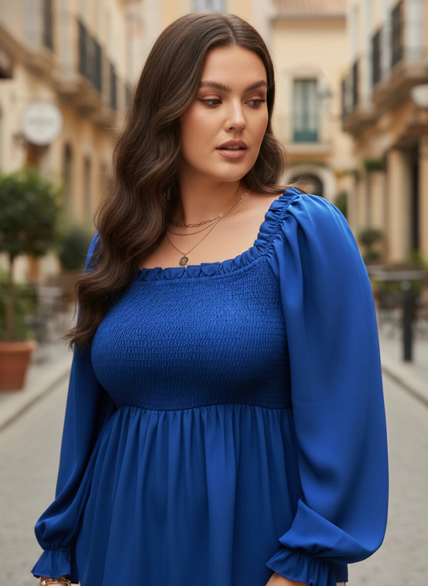 Berrylush Curve Women Solid Blue Square Neck Puff Sleeves Smocked A-Line Regular Top