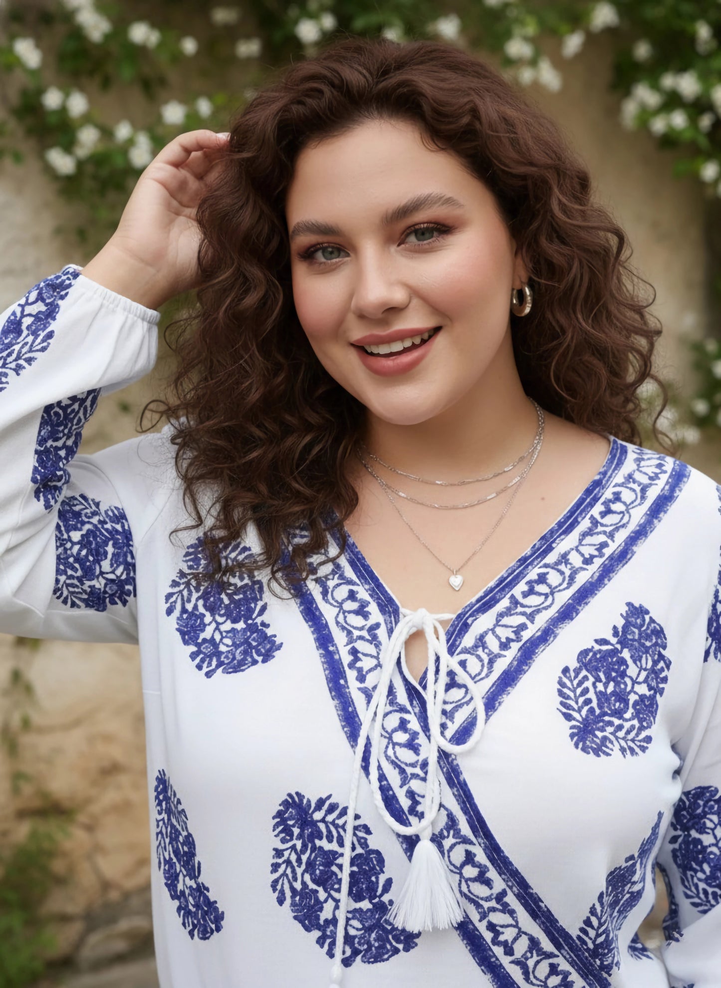 Berrylush Women Plus Size White & Blue Paisley Printed V-Neck Front Tie-Up Semi-Sheer Regular Blouson Top