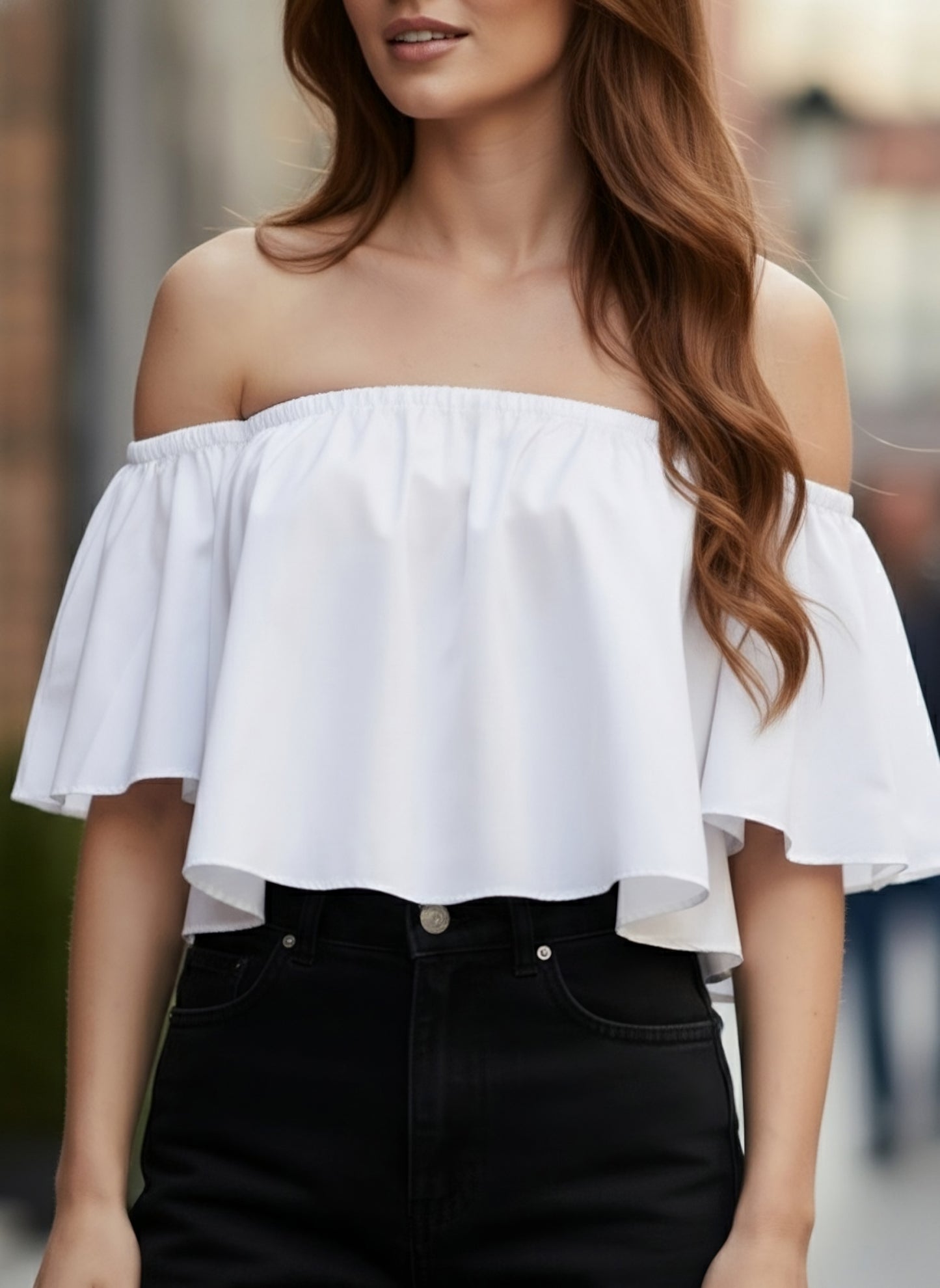 Berrylush Women Solid White Off-Shoulder Neck Crepe Ruffled Bardot Crop Top
