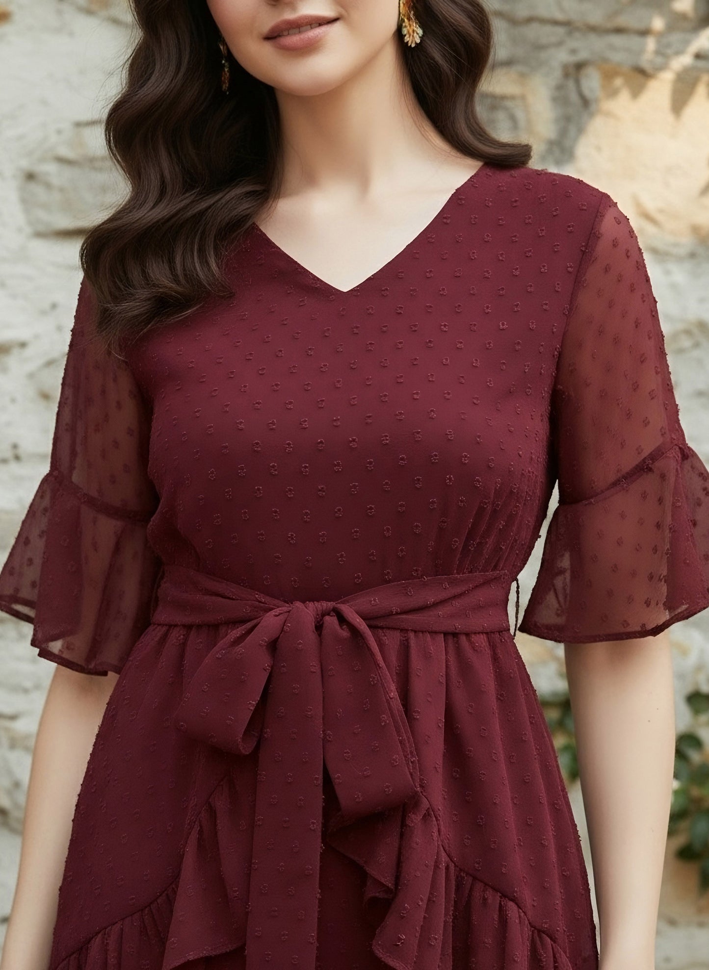 Berrylush Women Solid Maroon Self-Design Patterned V-Neck Layered Fit & Flare Mini Dress