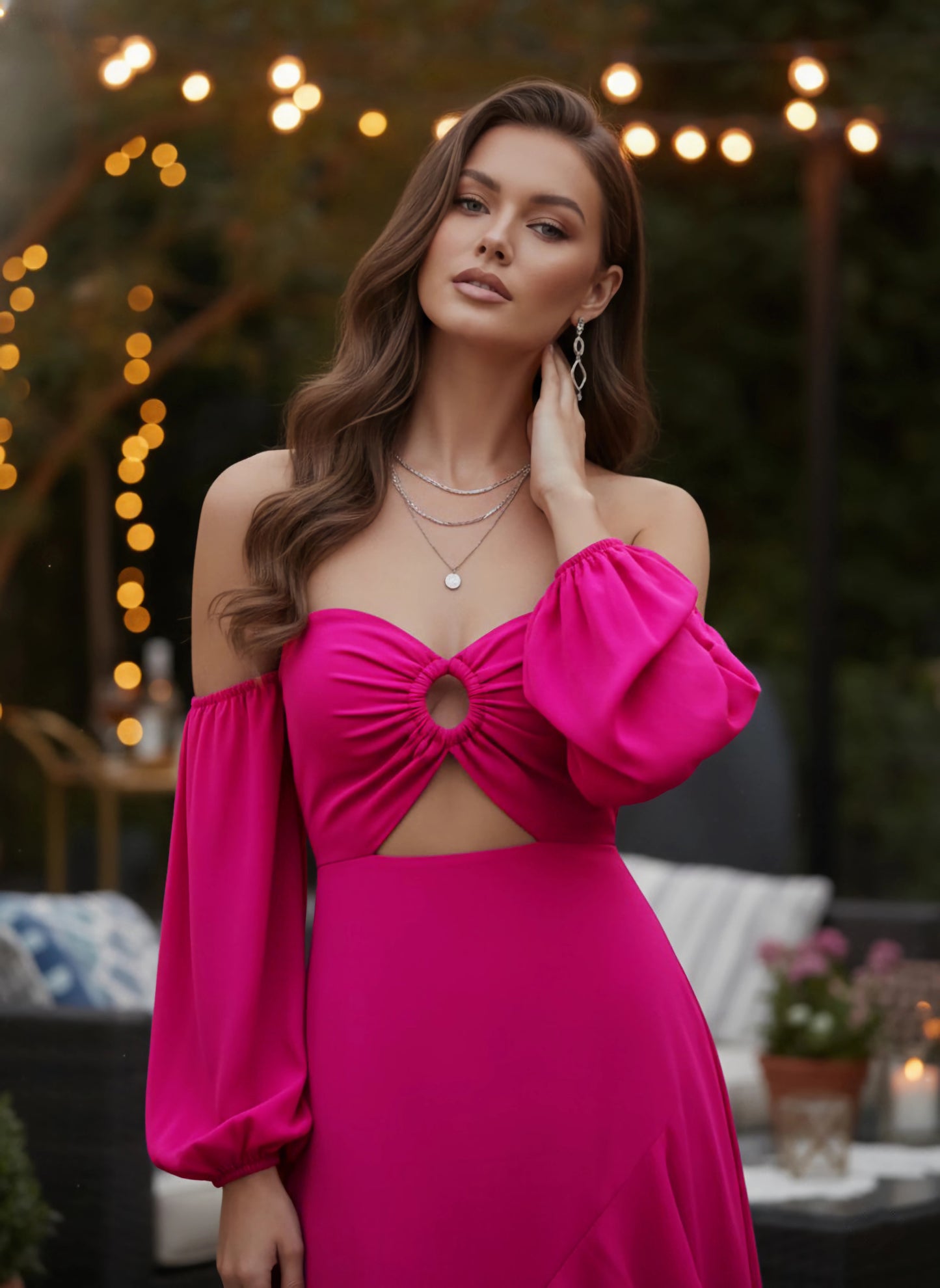 Berrylush Women Solid Pink Off-Shoulder Neck Puff Sleeves Cut-Out Asymmetrical Hem A-Line Midi Dress