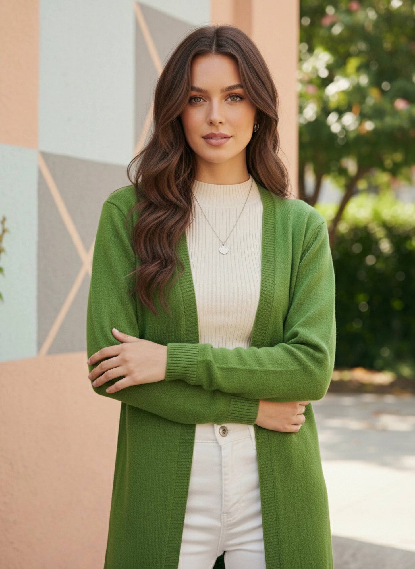 Berrylush Women Solid Green Open-Front Neck Drop-Shoulder Sleeves Ribbed Hem Longline Cardigan