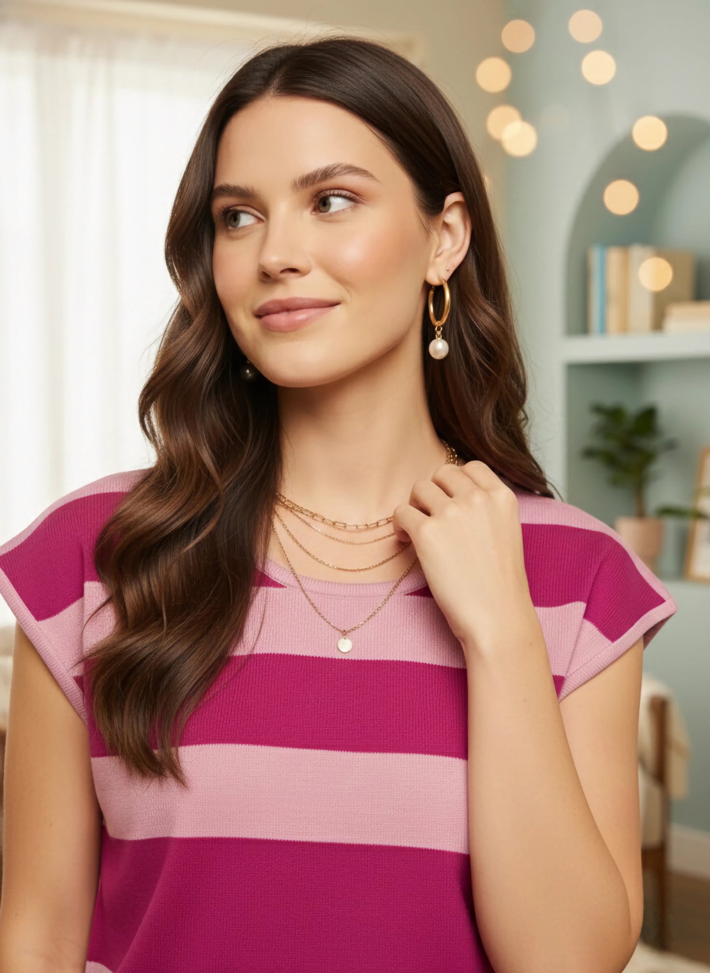 Berrylush Women Pink Striped Print Round Neck Sleeveless Acrylic Ribbed Hem Regular Sweater Vest