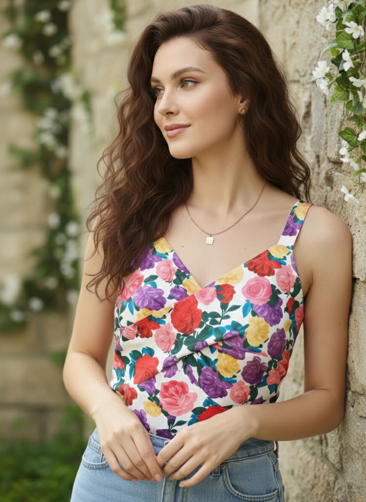 Berrylush Women Multicolour Floral Printed Sweetheart Neck Sleeveless Twisted Front Knitted Regular Top