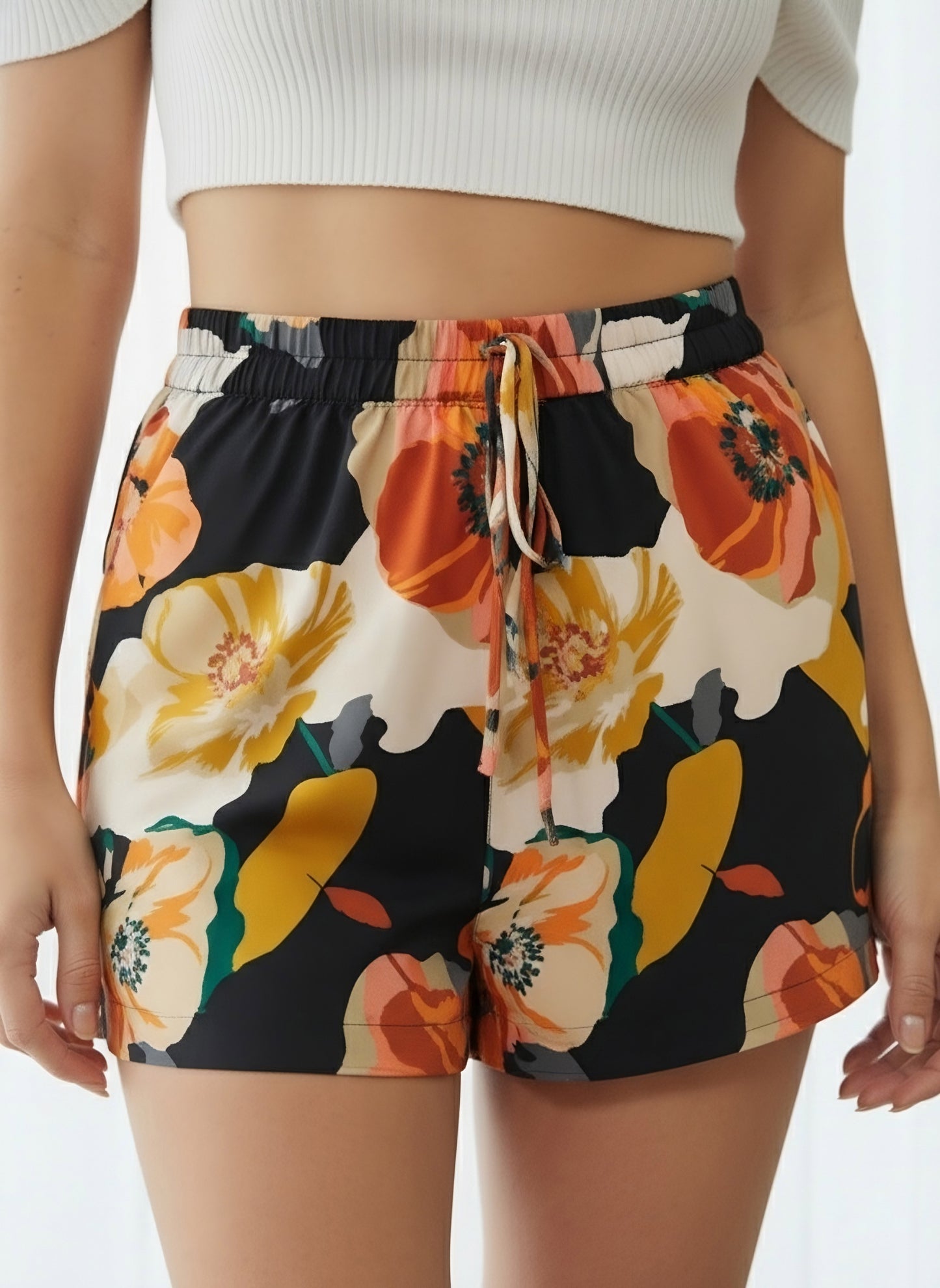 Berrylush Women Black & Multicolour Floral Printed High-Rise Elastic Waist Tie-Up Slip-On Mini Summer Shorts