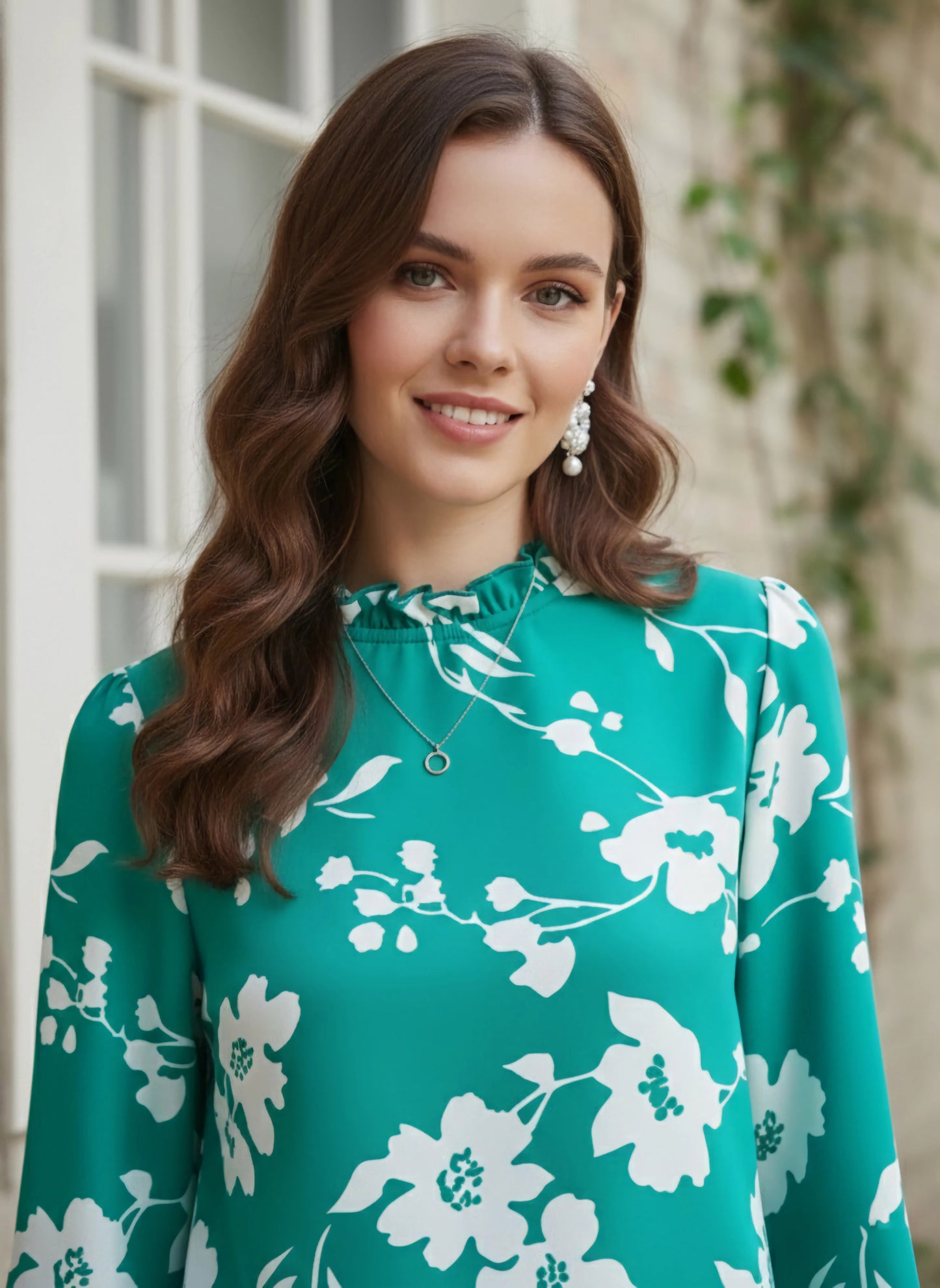 Berrylush Women Green & White Floral Printed High Neck Bell Sleeves Crepe Button-Up Regular Top