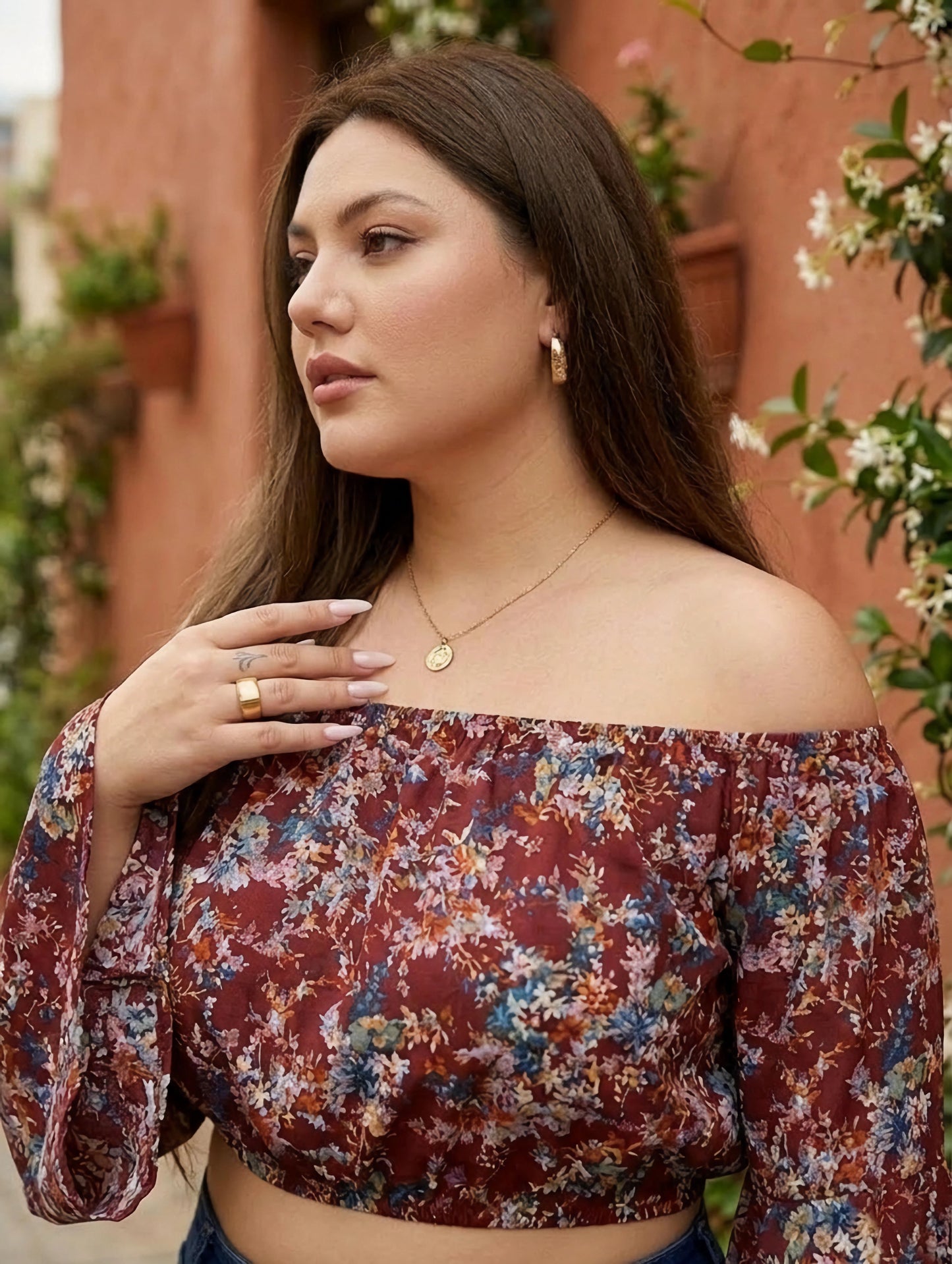 Maroon & White Floral Printed Off-Shoulder Neck Flared Sleeves Cropped Top