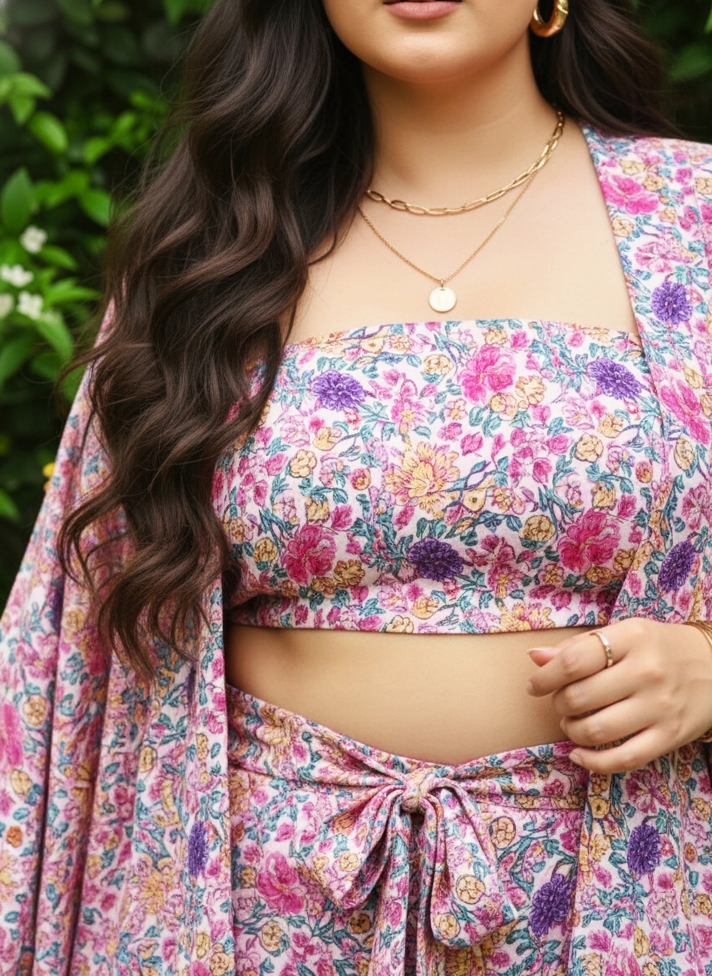 Berrylush Women Plus Size Pink & Purple Floral Printed Crop Top & Tie-Up Front Shorts With Kimono