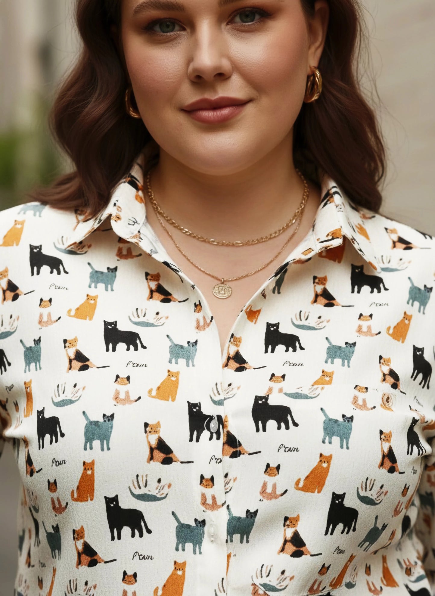 Berrylush Curve Women White & Multicolour Cat Printed Spread Collar Neck Front Button-Up Straight Hem Regular Shirt