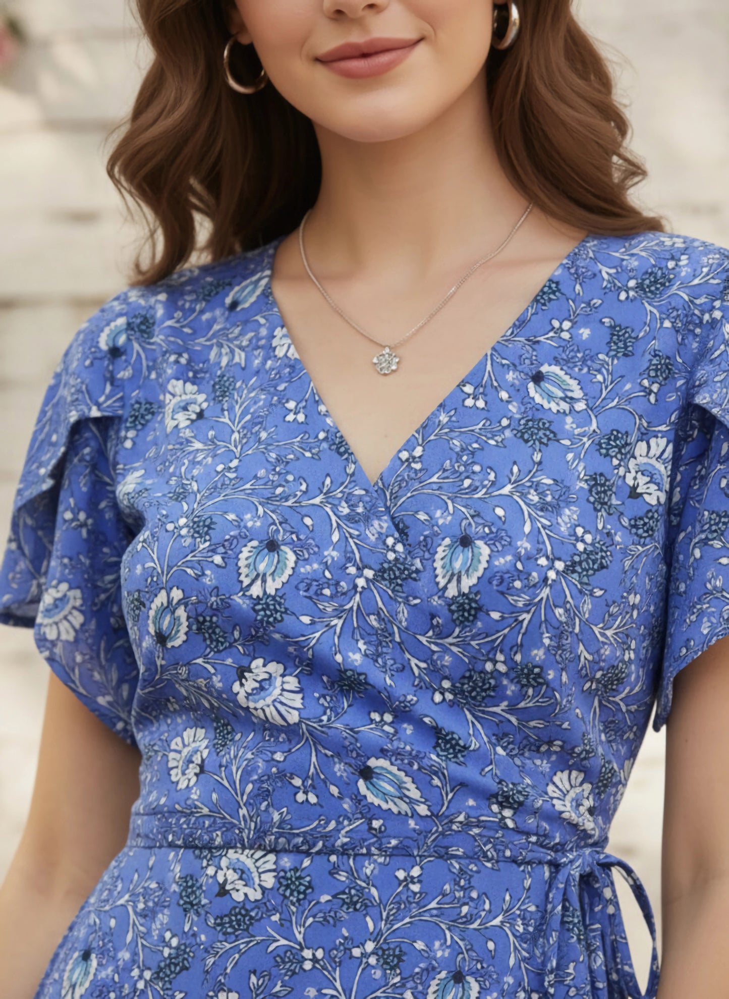 Berrylush Women Blue Floral Printed V-Neck Waist Tie-Up Mini Dress