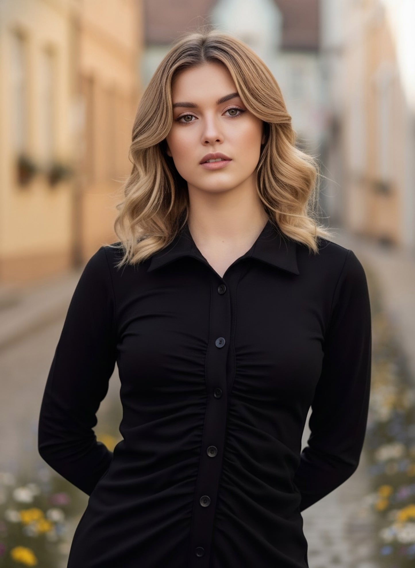 Berrylush Women Solid Black Collar Neck Long Sleeves Front Button-Up Straight Hem Knitted Bodycon Midi Dress