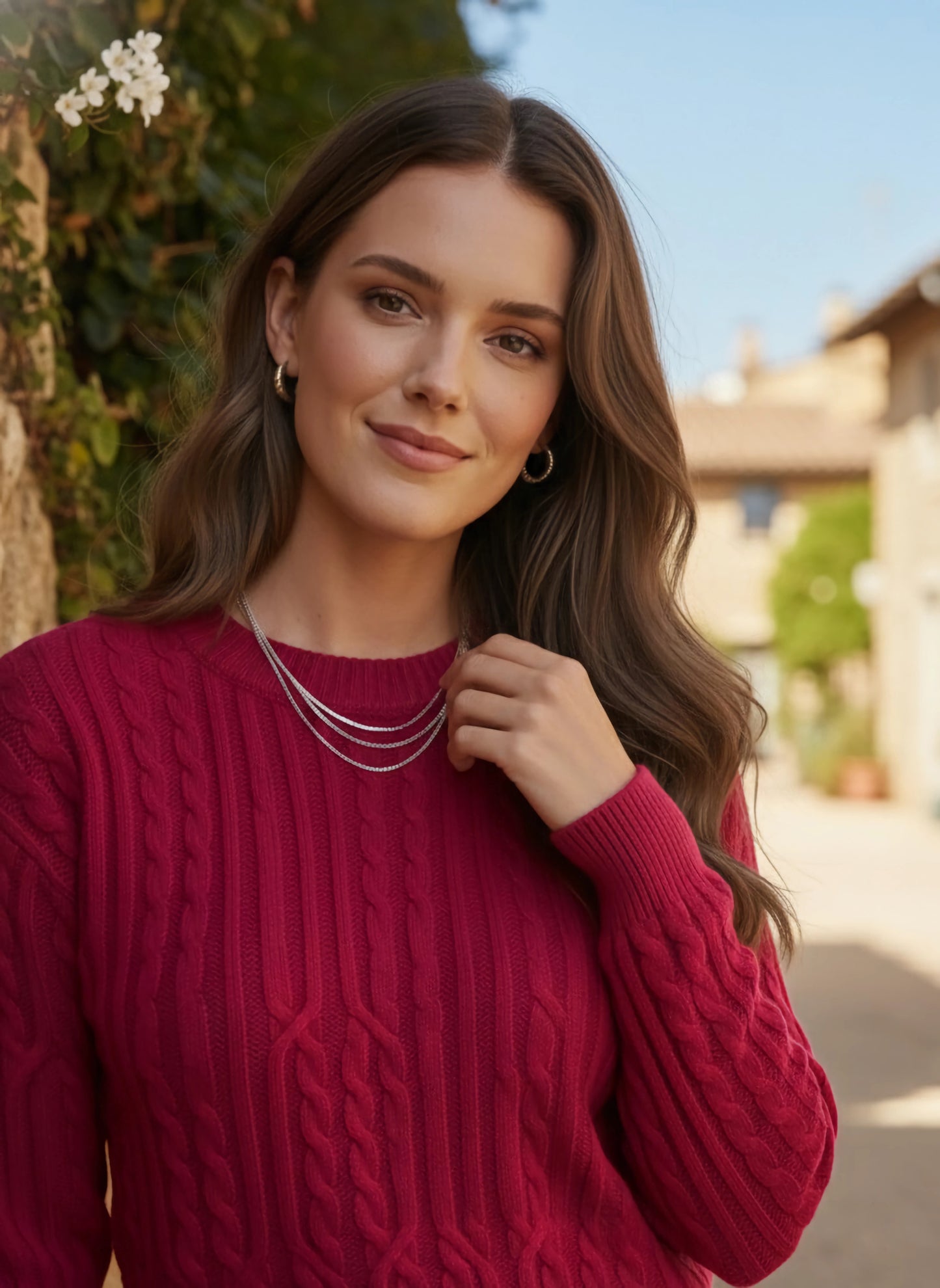 Berrylush Women Solid Red Round Neck Drop-Shoulder Sleeves Acrylic Ribbed Hem Cable Knitted Regular Sweater