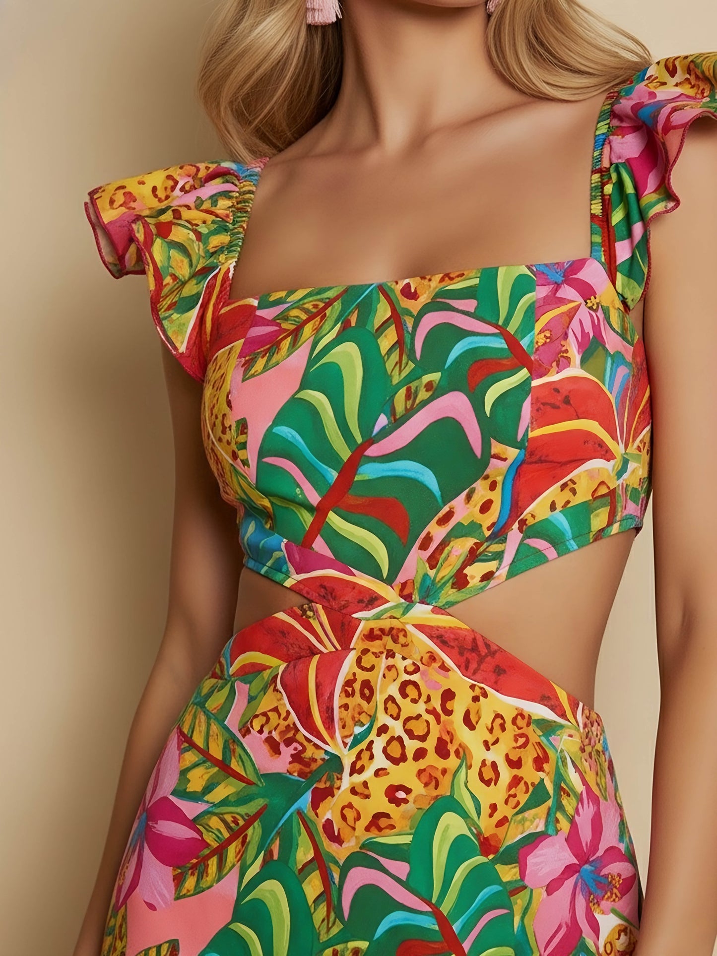 Berrylush Women Multi Color Tropical Printed Square Neck Ruffled A-Line Mini Dress