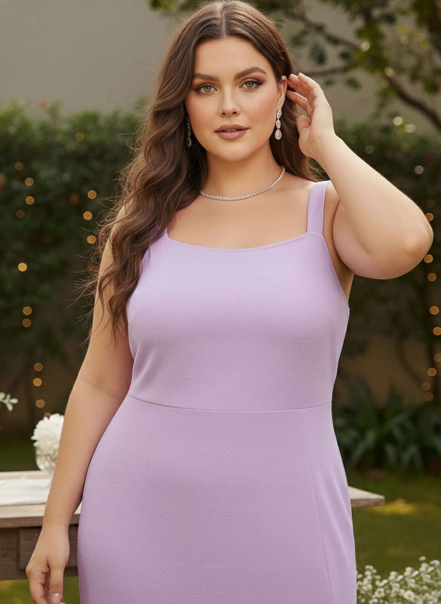 Curve Solid Purple Round Neck Sleeveless Thigh-High Slit Straight Hem Knitted Maxi Dress