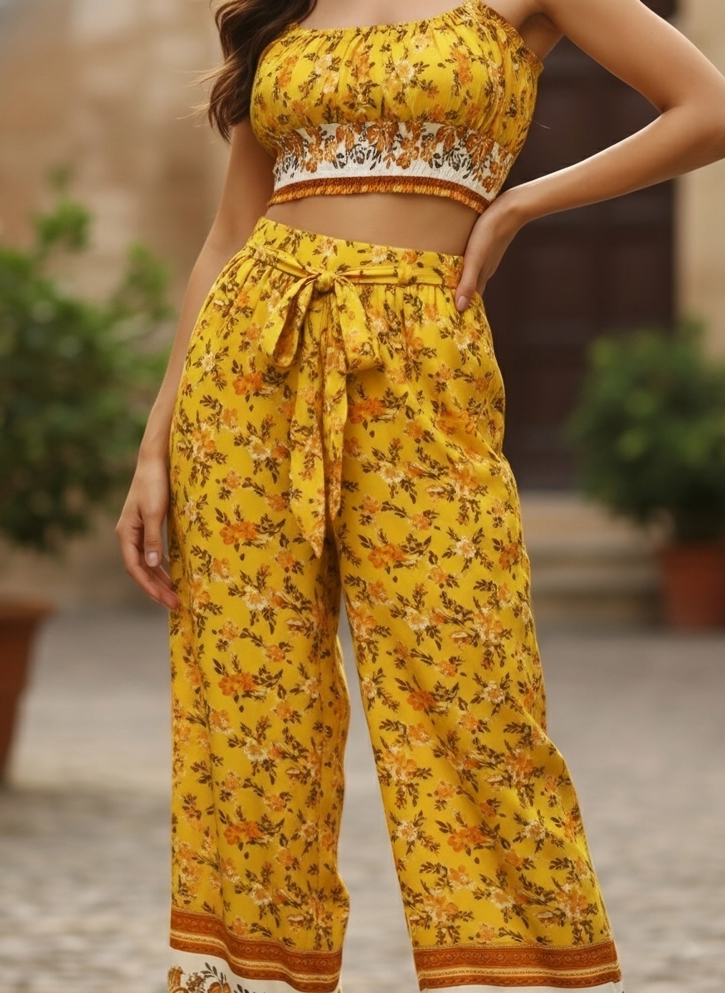 Berrylush Women Yellow & White Floral Printed Round Neck Waist Tie-Up Crop Top & Wide-Leg Trousers Set