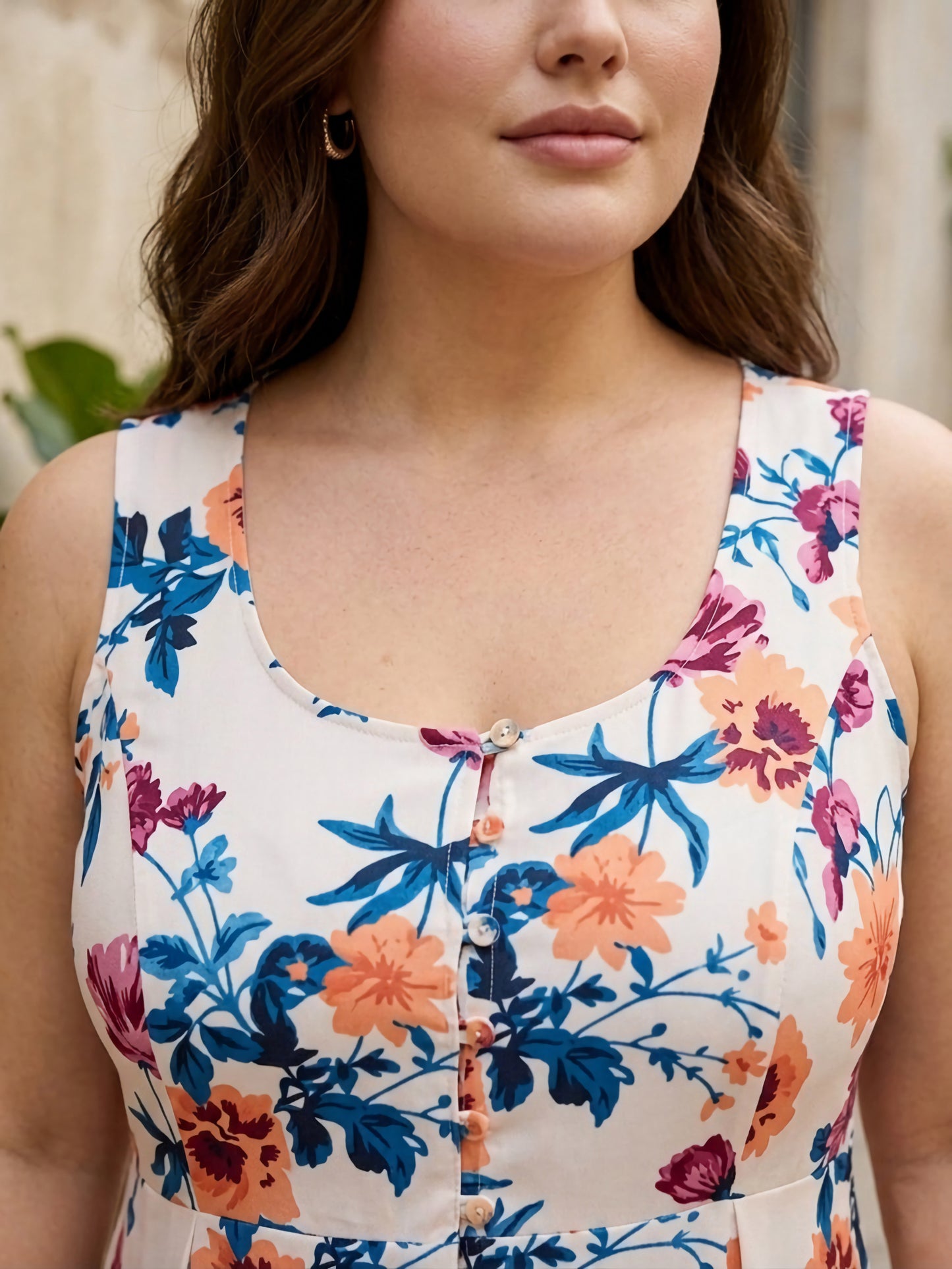 Curve White, Blue, & Orange Floral Printed Round Neck Sleeveless Front-Slit Flared A-Line Calf-Length Kurta