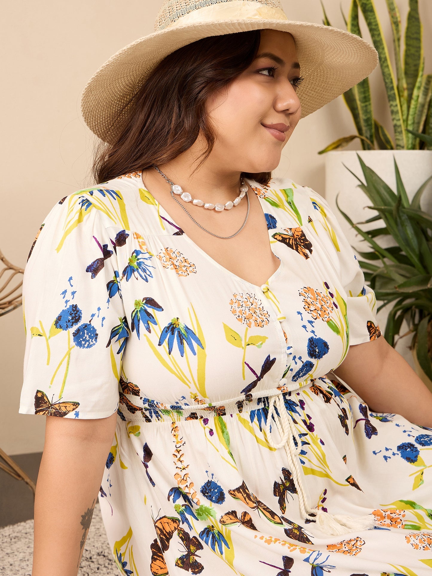 Berrylush Curve Women White, Blue, & Orange Butterfly Floral Printed V-Neck Tie-Up Waist Thigh-High Slit Flared A-Line Maxi Dress