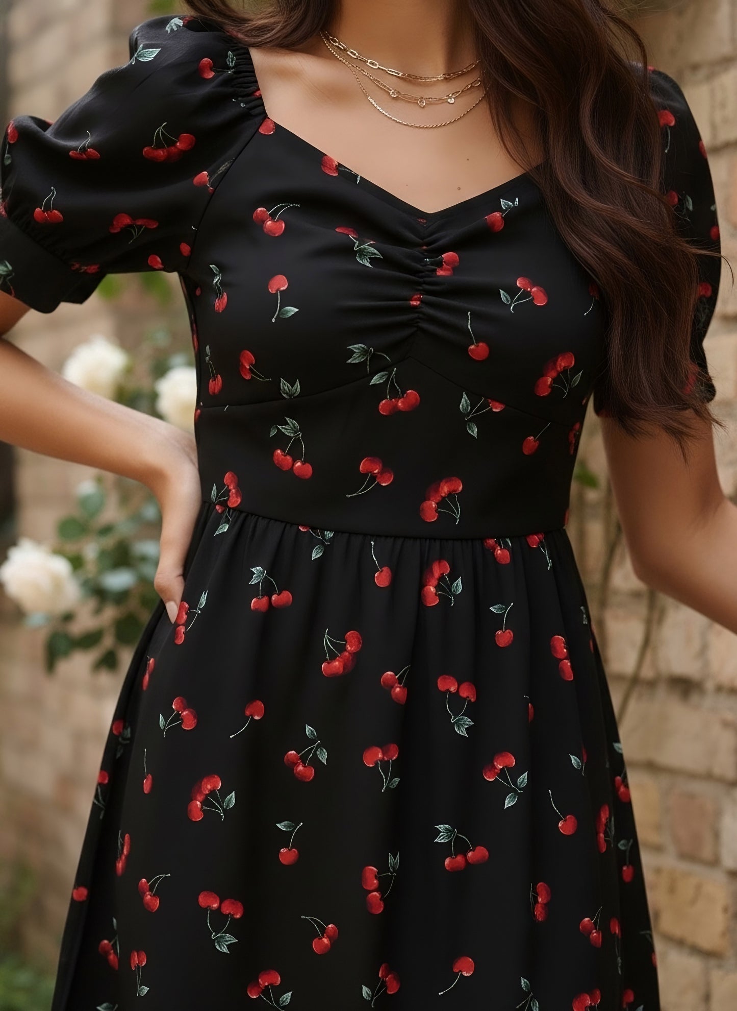 Berrylush Women Black Cherry Printed Sweetheart Neck Fit & Flare Mini Dress