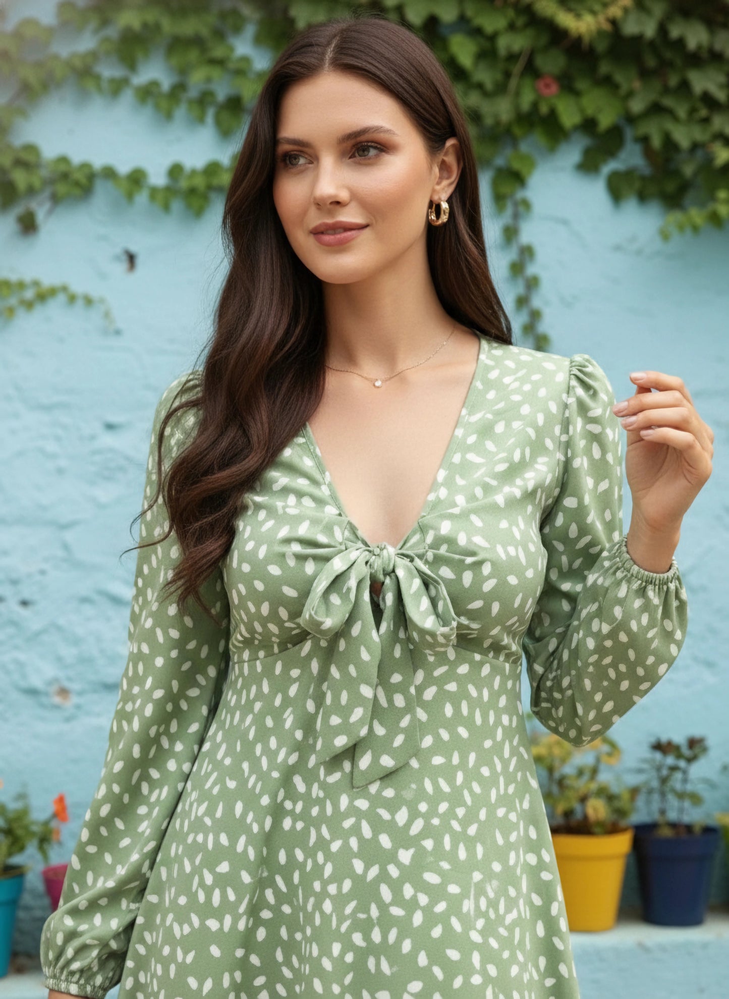 Berrylush Women Green & White Polka Dot Printed V-Neck Front Tie-Up Flared A-Line Mini Dress