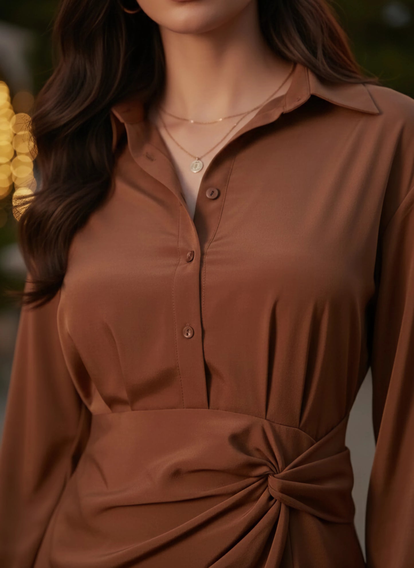 Berrylush Women Solid Brown Spread Collar Neck Drop-Shoulder Sleeves Side-Slit Straight Hem Twisted Mini Dress